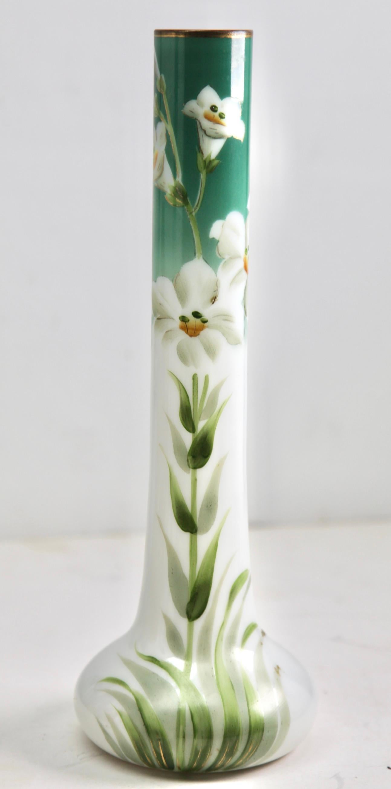 Art Nouveau Opaline Glass Handmade and Hand Painted Pair of Vases, France, 1920s For Sale 3