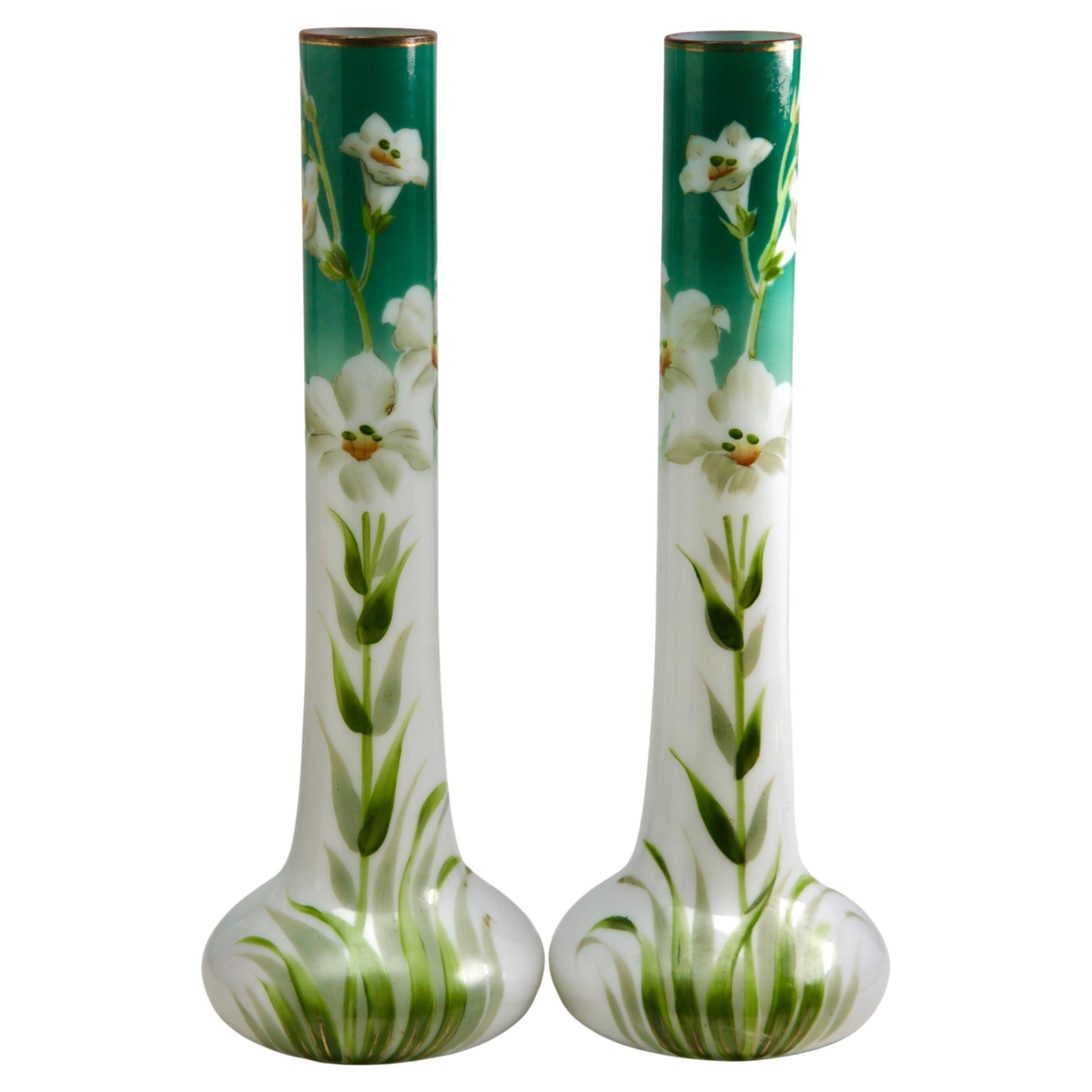 Art Nouveau Opaline Glass Handmade and Hand Painted Pair of Vases, France, 1920s For Sale