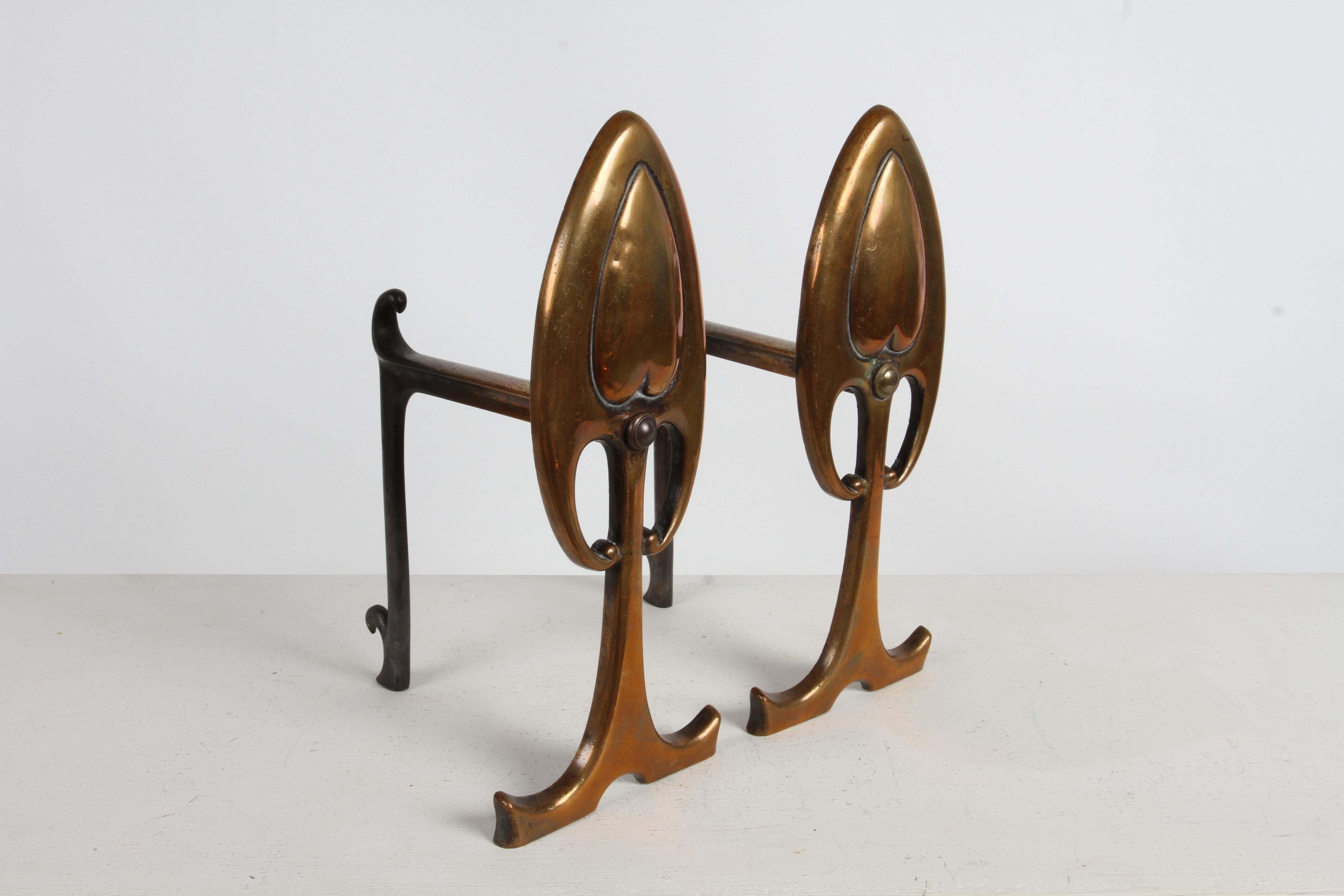 Art Nouveau or Aesthetic Movement Period Bronze Andirons - Firedogs in Repoussee In Good Condition For Sale In St. Louis, MO