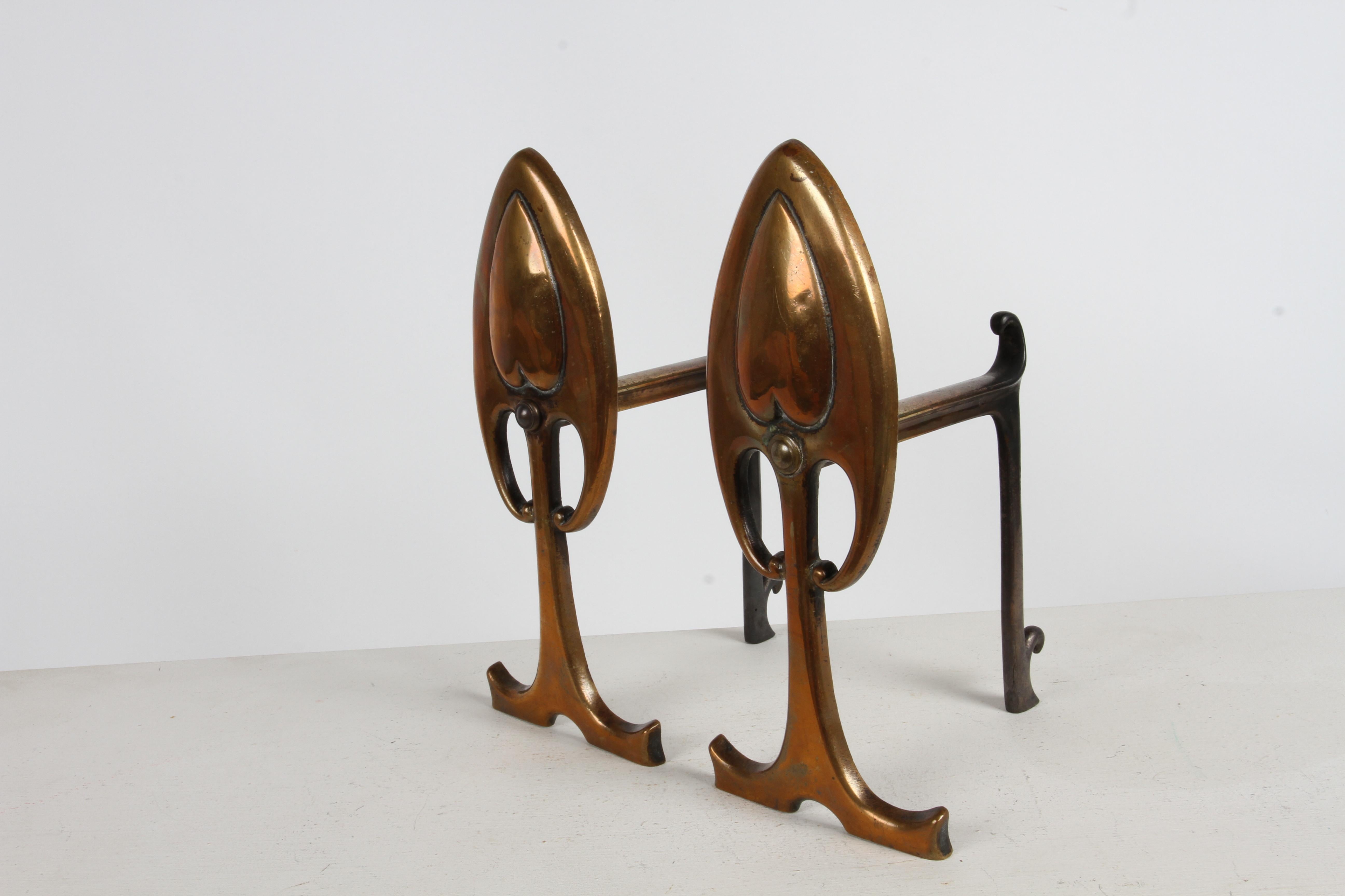 Art Nouveau or Aesthetic Movement Period Bronze Andirons - Firedogs in Repoussee For Sale 1