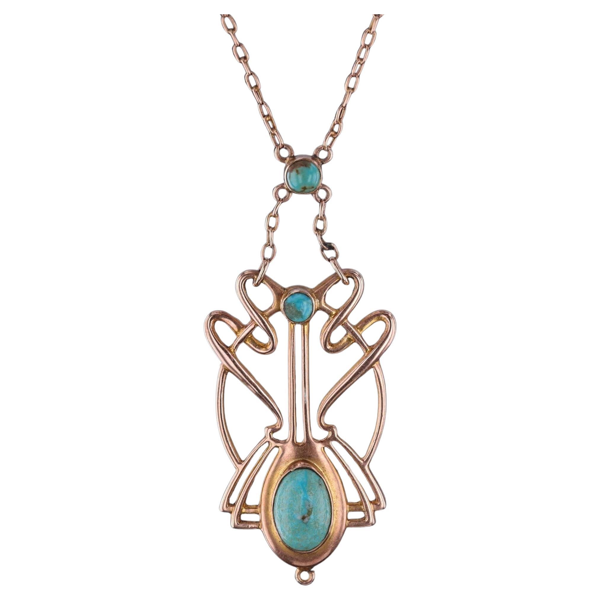 Art Nouveau or Jugendstil Turquoise Necklace of 9ct Gold