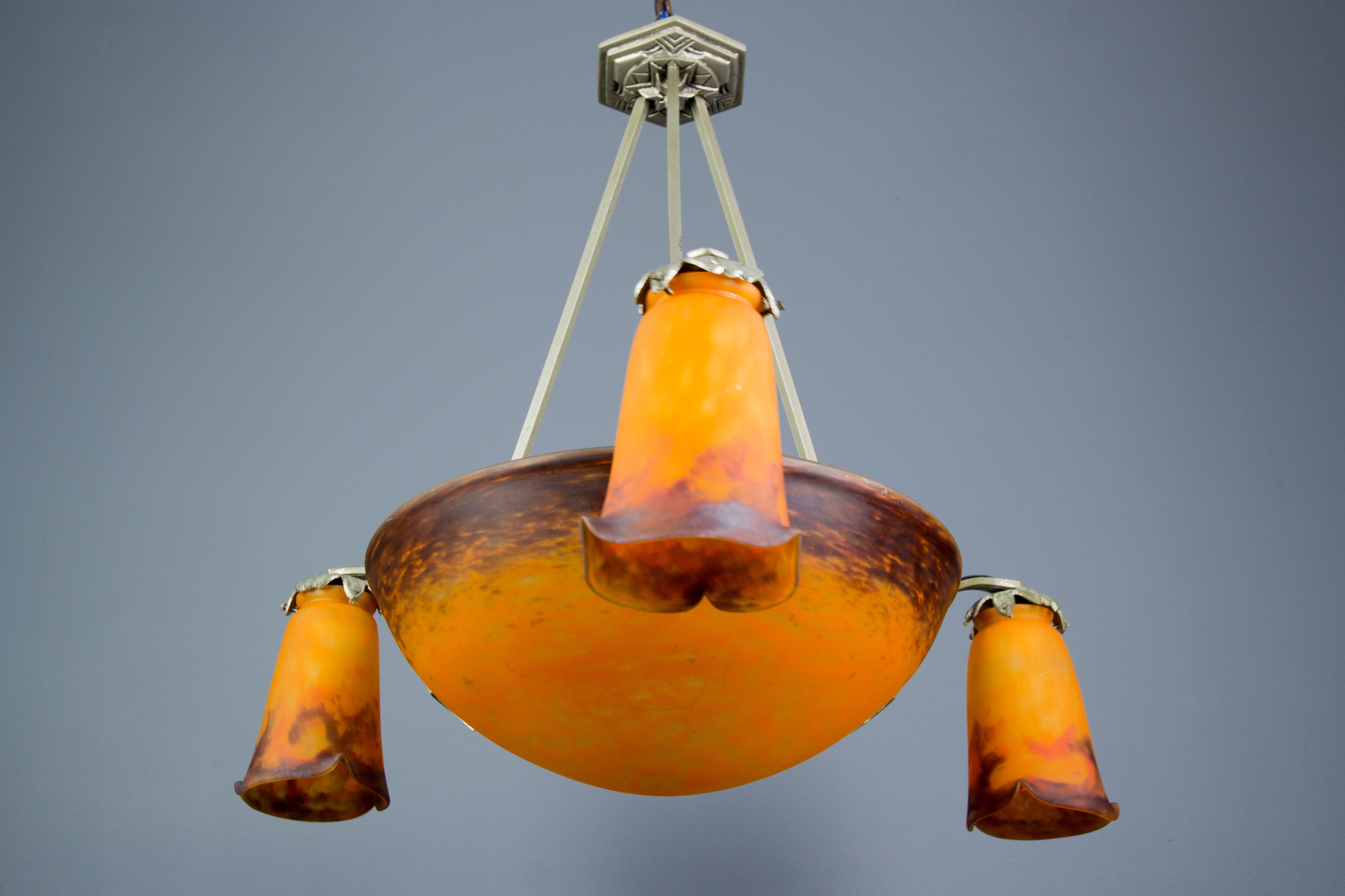 Art Nouveau Orange and Purple Glass Chandelier Signed Muller Fres Luneville  9