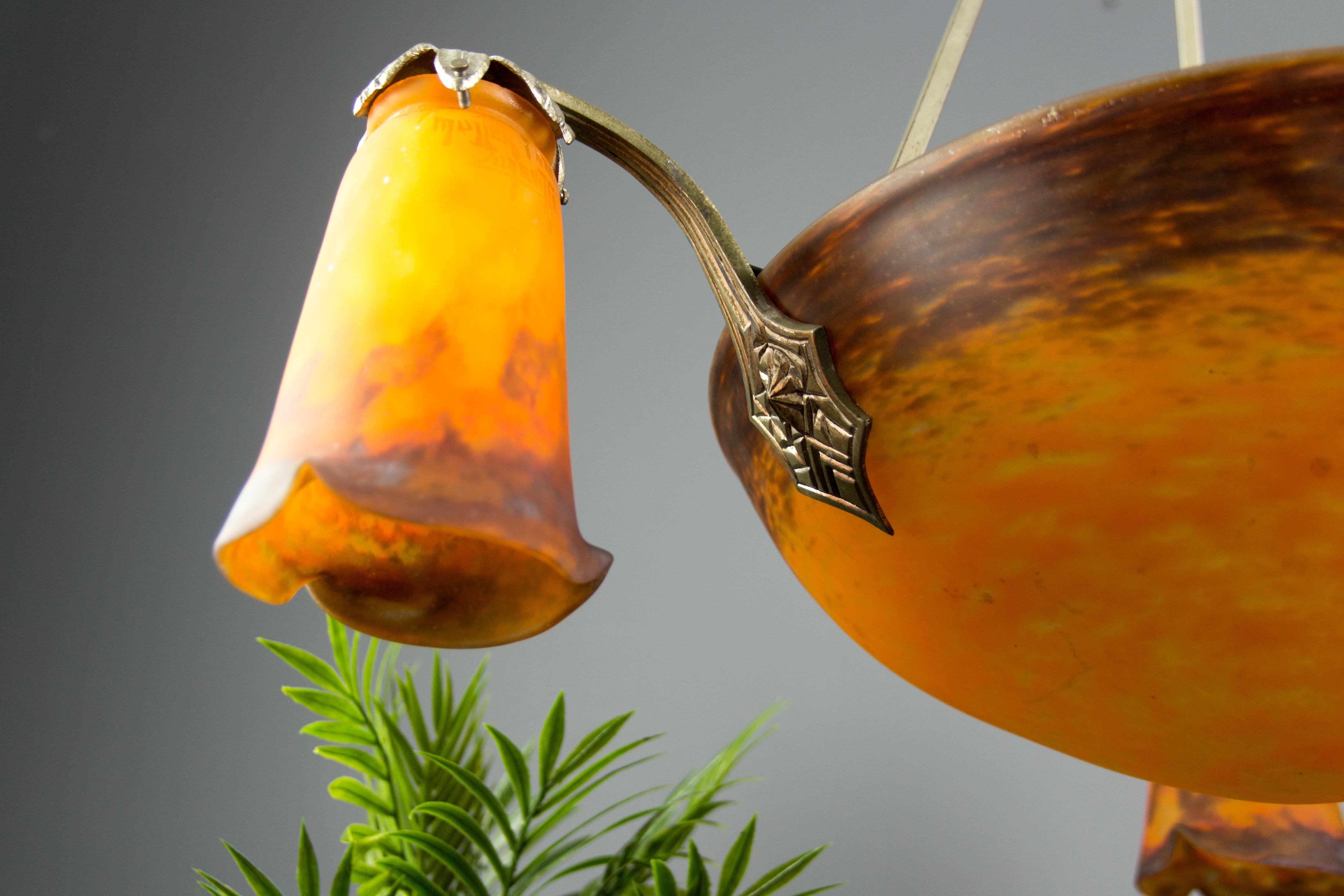 Art Nouveau Orange and Purple Glass Chandelier Signed Muller Fres Luneville  In Good Condition In Barntrup, DE