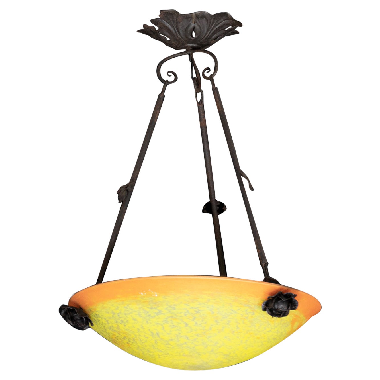 Ciondolo da soffitto Art Nouveau giallo arancio, vetro Nancy, 1900