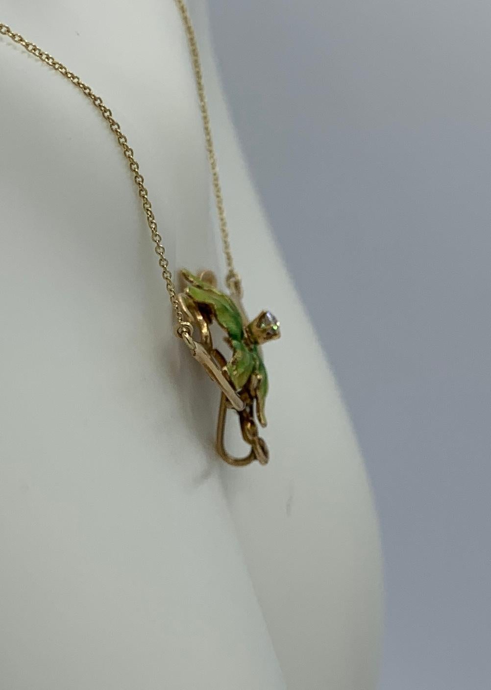 Women's Art Nouveau Orchid Flower OMC Diamond Enamel Necklace 14k Gold Antique For Sale