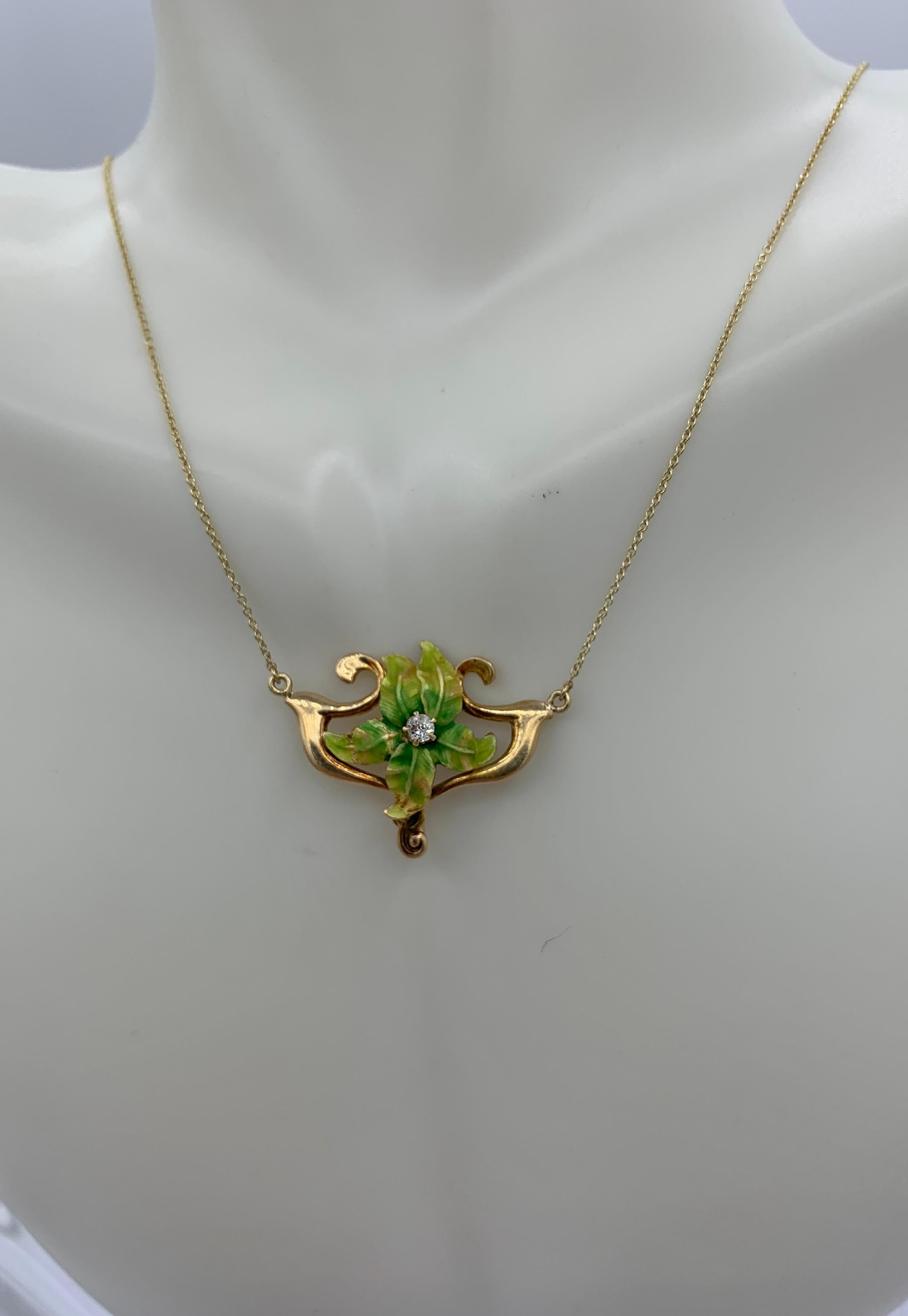 Art Nouveau Orchid Flower OMC Diamond Enamel Necklace 14k Gold Antique For Sale 1