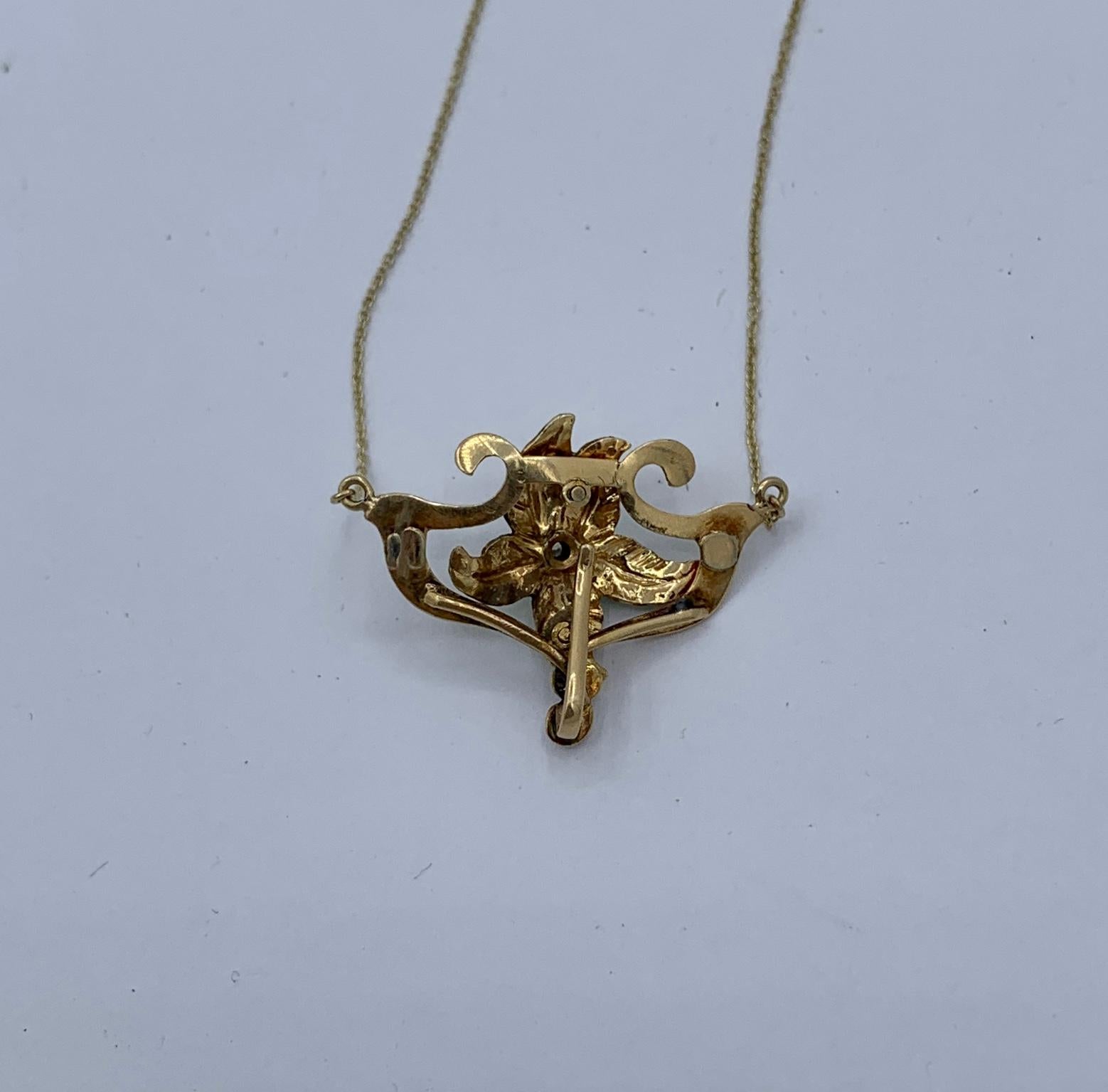 Art Nouveau Orchid Flower OMC Diamond Enamel Necklace 14k Gold Antique For Sale 2