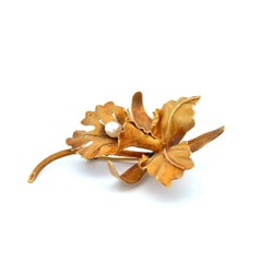 Art Nouveau Orchid Gold and Pearl Vintage Brooch Pin Fine Estate Jewelry