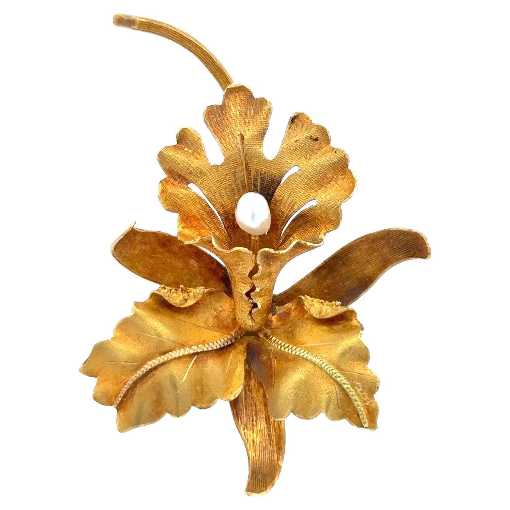 Art Nouveau Orchid Gold and Pearl Vintage Brooch Pin Fine Estate Jewelry