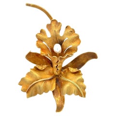 Art Nouveau Orchid Gold and Pearl Antique Brooch Pin Fine Estate Jewelry