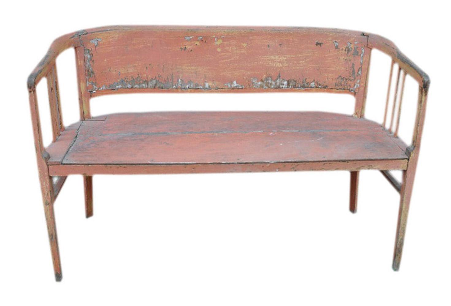 Art Nouveau bench. This wonderful bench still maintains its original paint with an amazing aged patina

The remarkable colorful paint on this bench is all original and a rare find. Found in old cafe in Hungary.