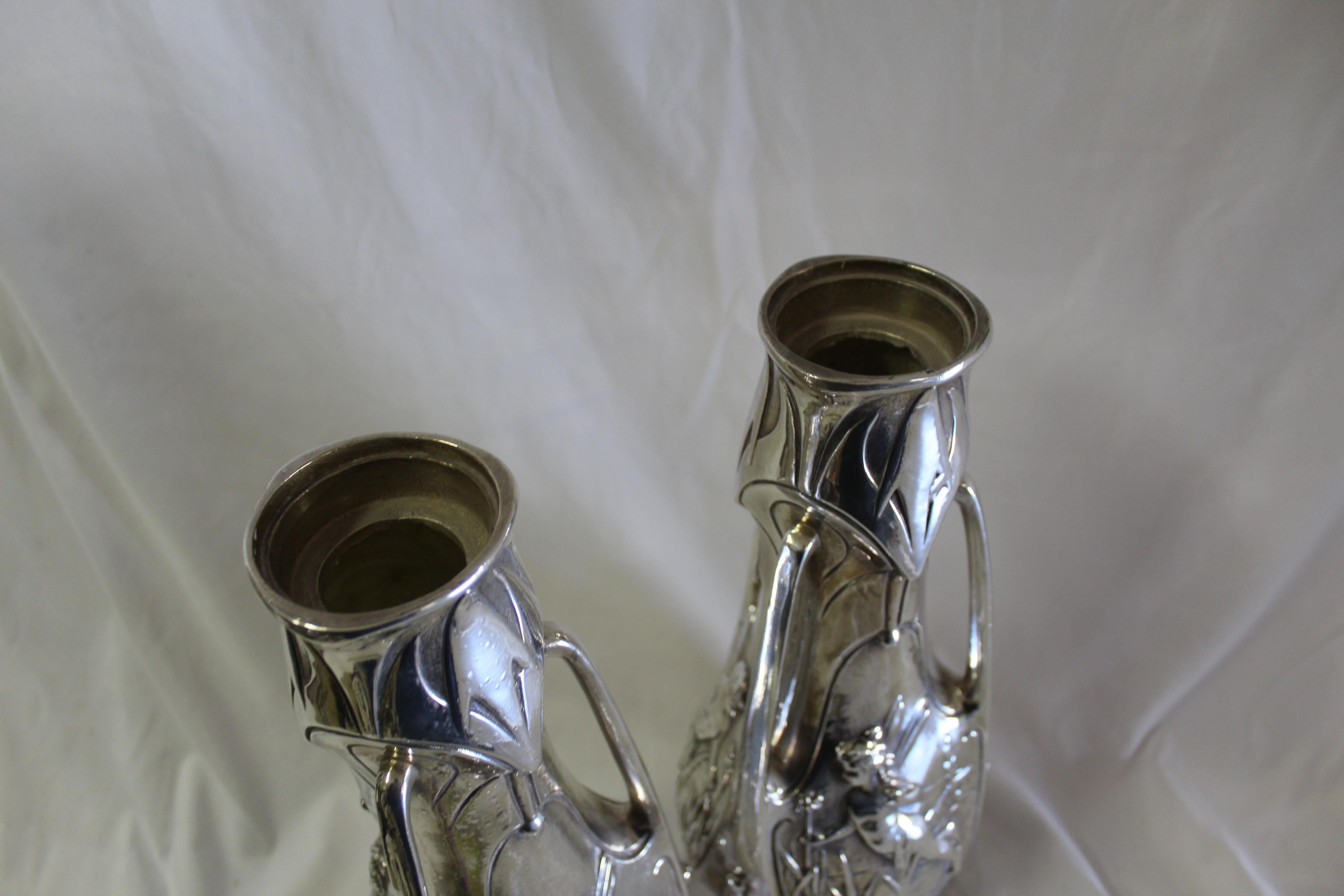 Art Nouveau Original Vases, Silvered, Signed In Good Condition For Sale In Los Angeles, CA
