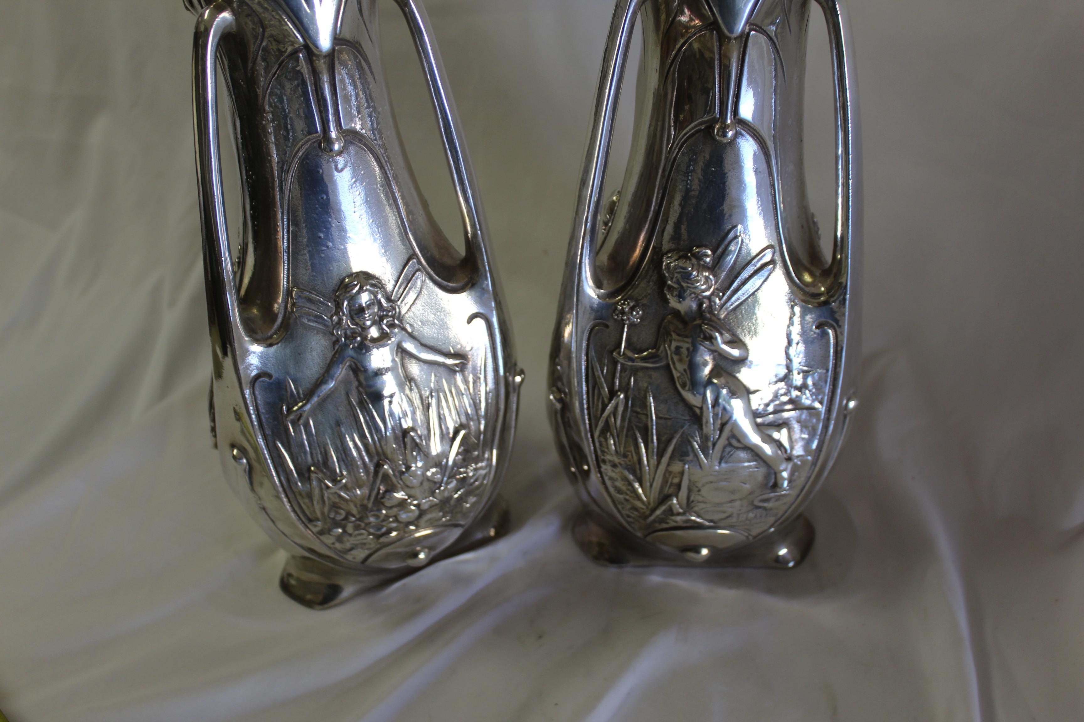 Late 19th Century Art Nouveau Original Vases, Silvered, Signed For Sale