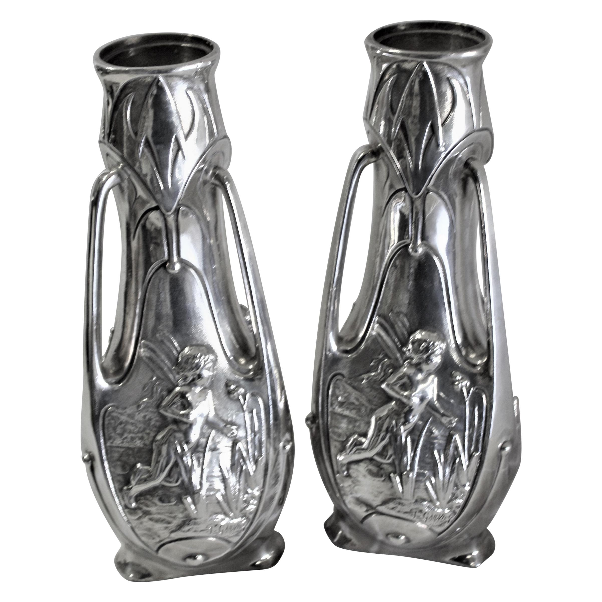 Art Nouveau Original Vases, Silvered, Signed