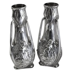 Antique Art Nouveau Original Vases, Silvered, Signed