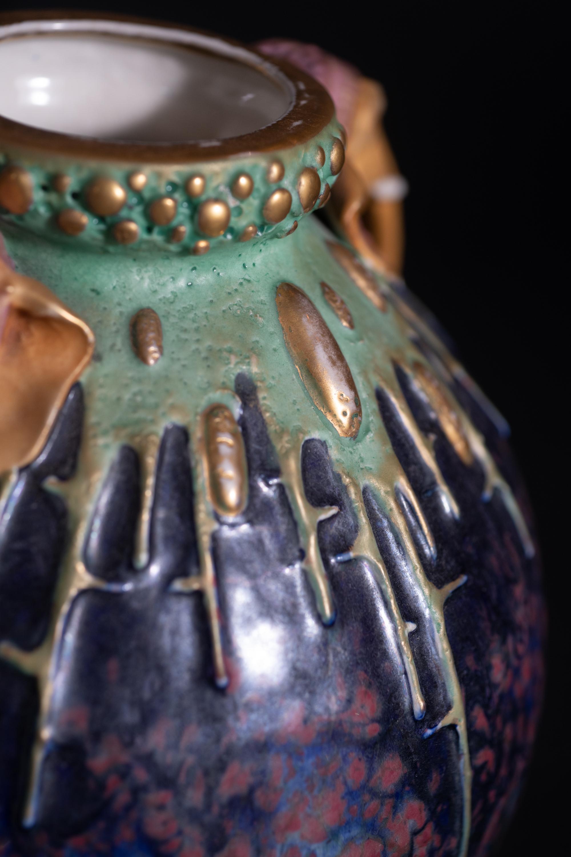 Art Nouveau Ornate Elephant Head Handle Vase for RStK Amphora For Sale 8