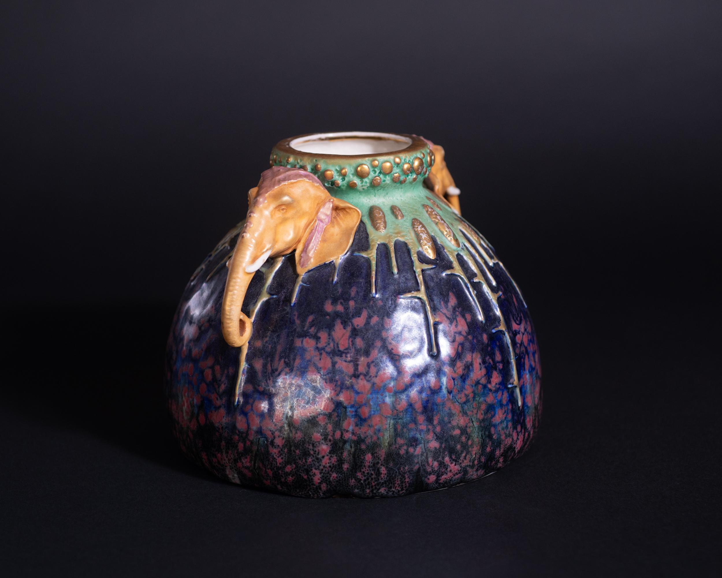 Glazed Art Nouveau Ornate Elephant Head Handle Vase for RStK Amphora For Sale