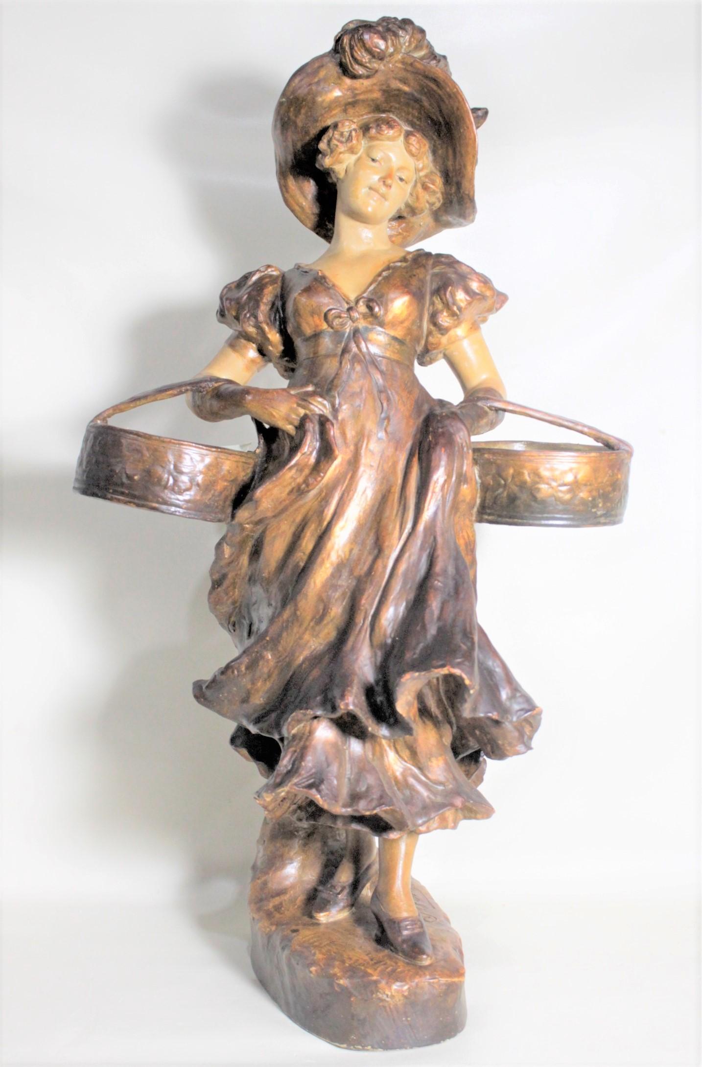 Art Nouveau Otto Petri Glazed Earthenware Sculpture of a Woman Carrying Baskets For Sale 4