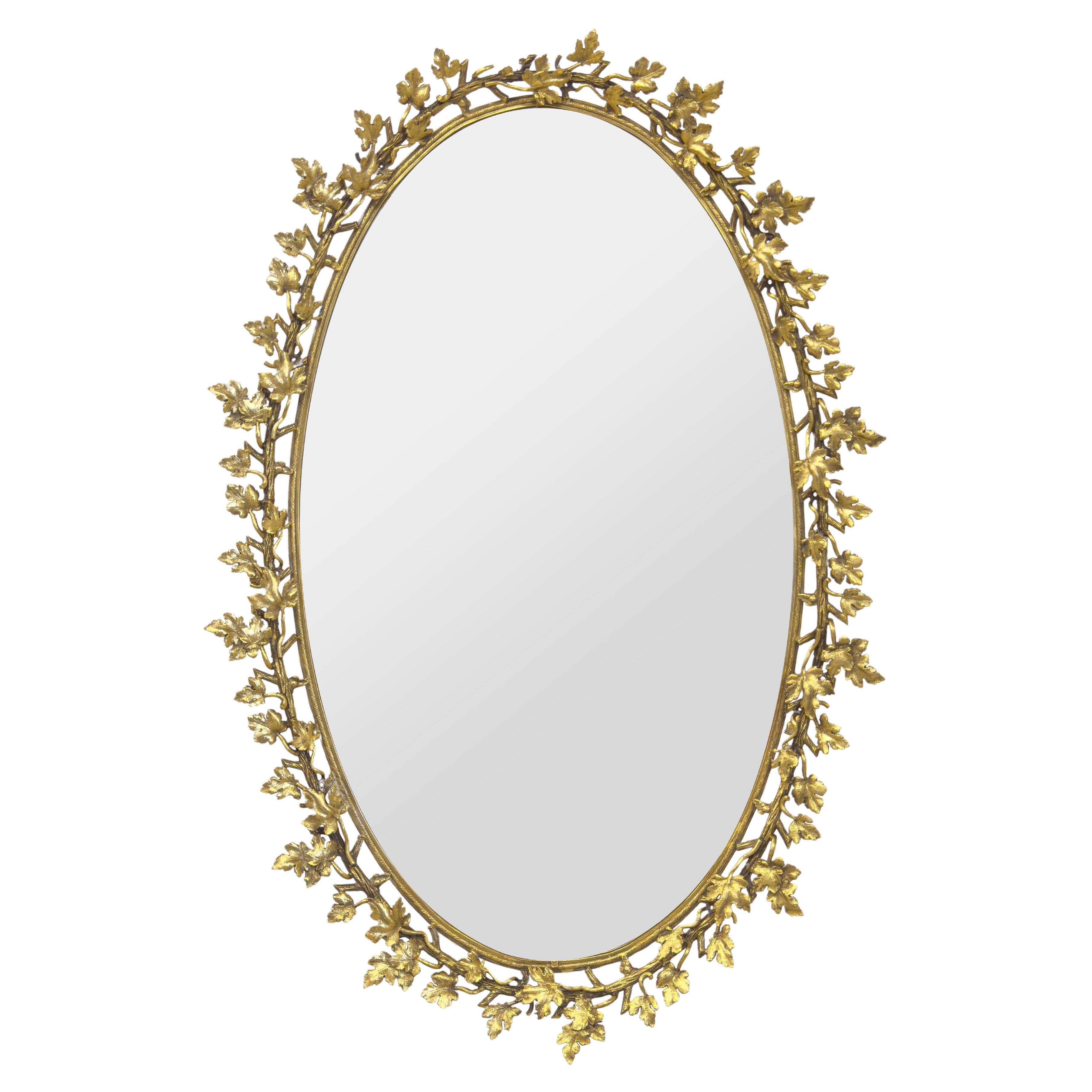 Art Nouveau Oval Brass Leaf Design Frame Wall or Vanity Mirror