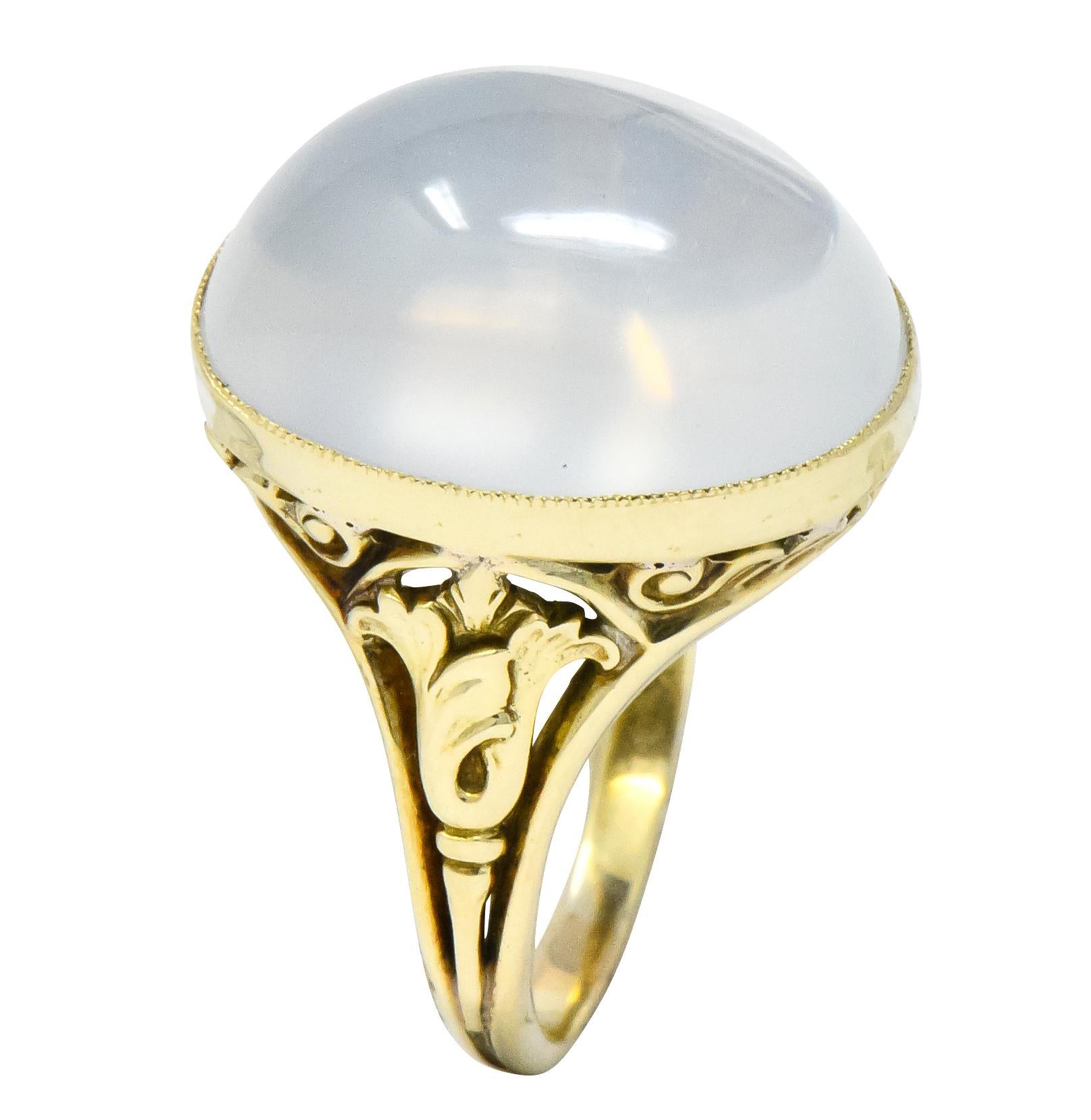 Art Nouveau Oval Cabochon Moonstone 14 Karat Gold Cocktail Ring 2