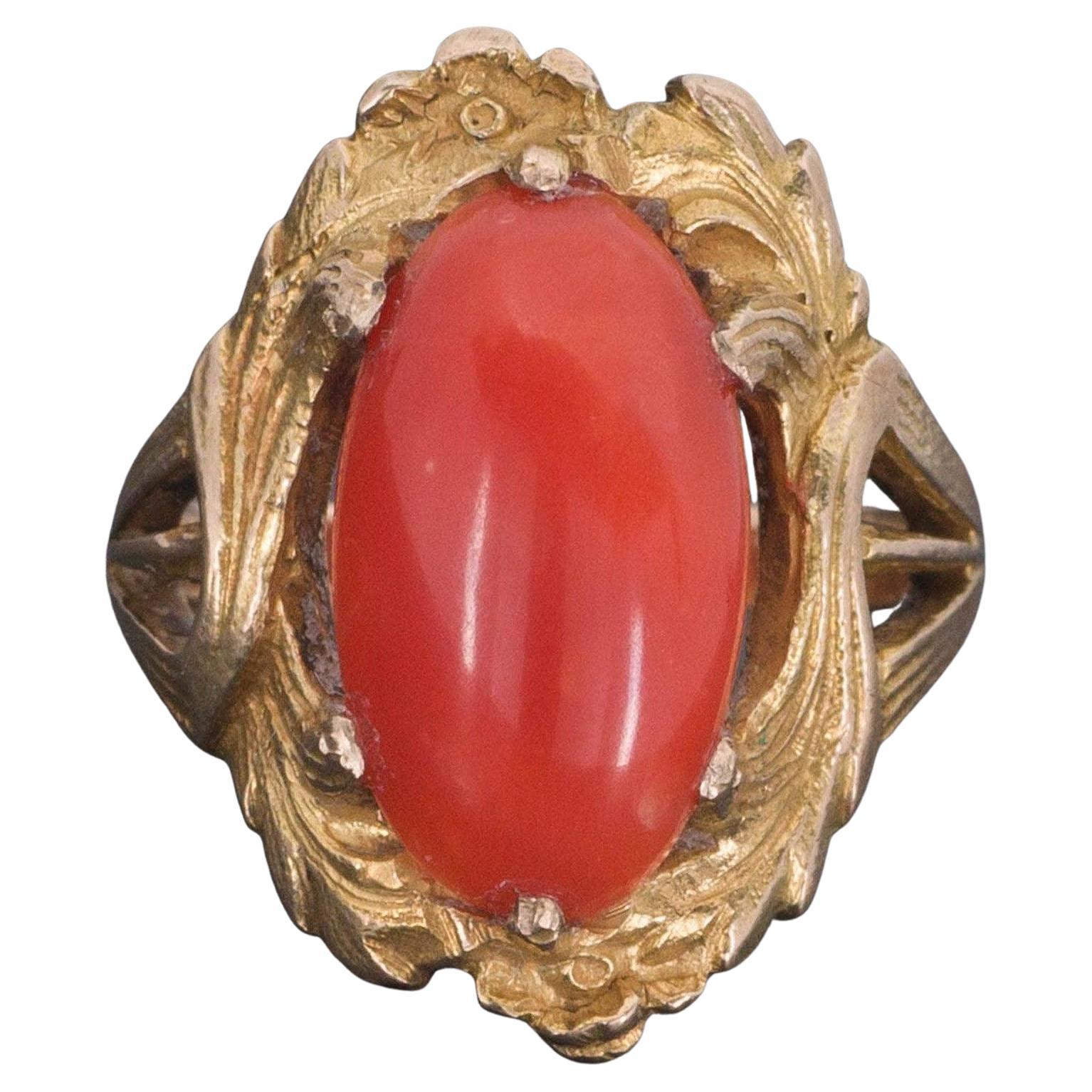 Art Nouveau Oval Coral Ring of 10k Gold
