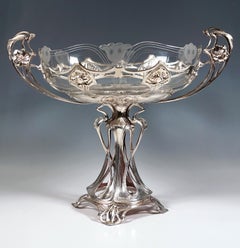 Art Nouveau Oval Fruit Stand With Original Cut Glass Bowl, WMF Germany, Ca. 1910