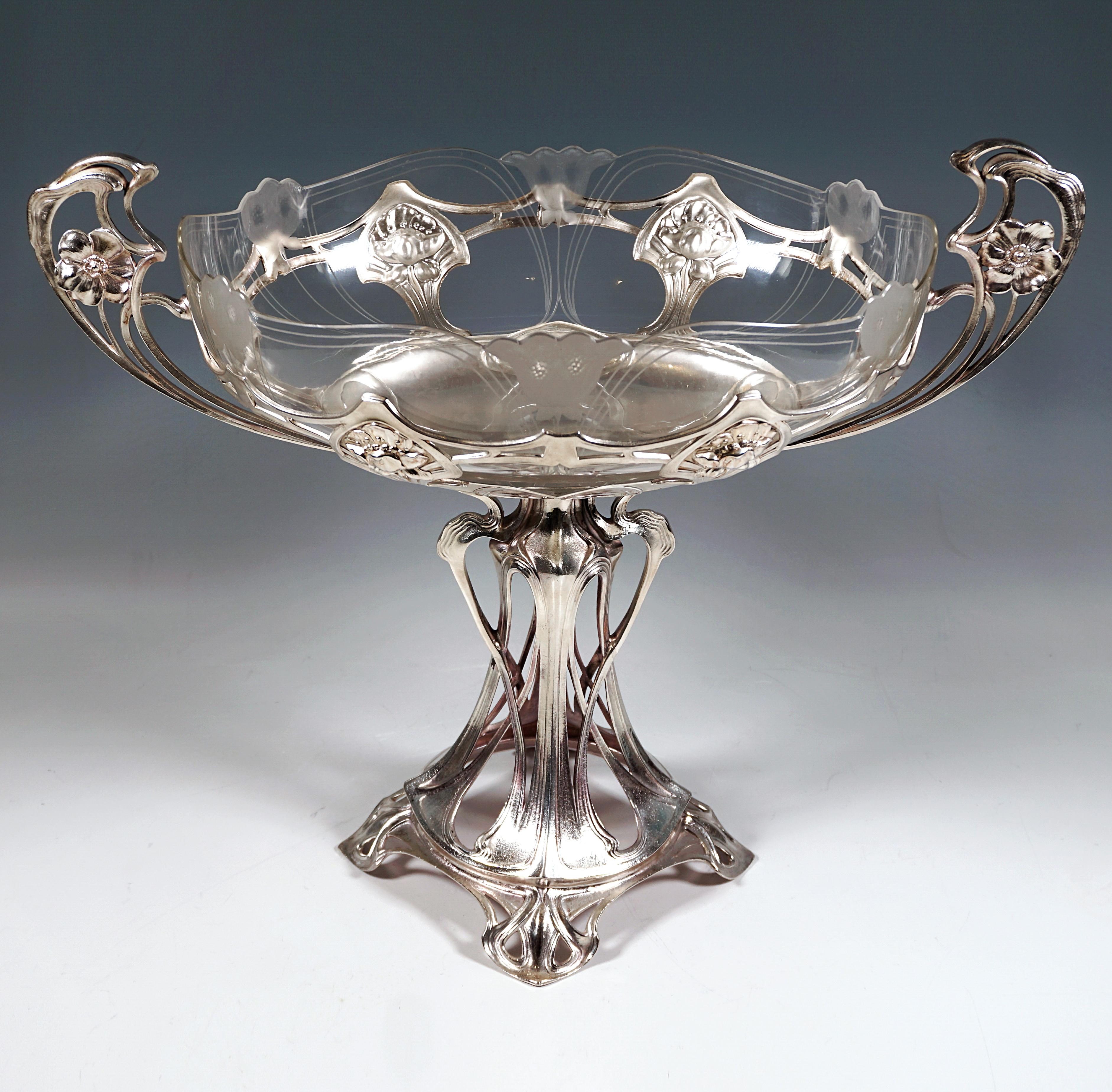 Faceted Art Nouveau Oval Fruit Stand With Original Cut Glass Bowl, WMF Germany, Ca. 1910