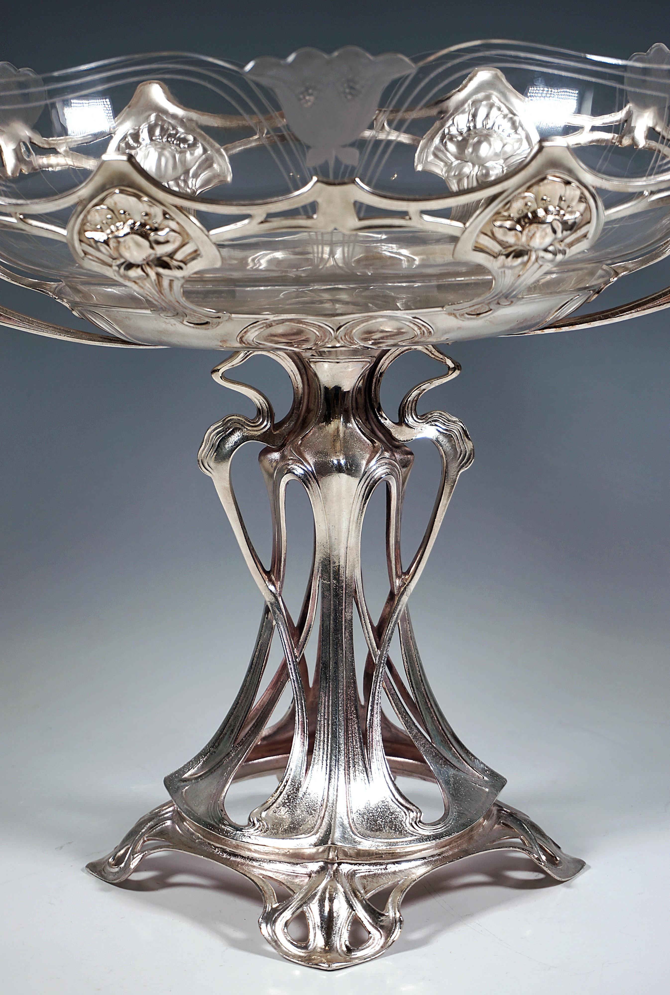 Early 20th Century Art Nouveau Oval Fruit Stand With Original Cut Glass Bowl, WMF Germany, Ca. 1910