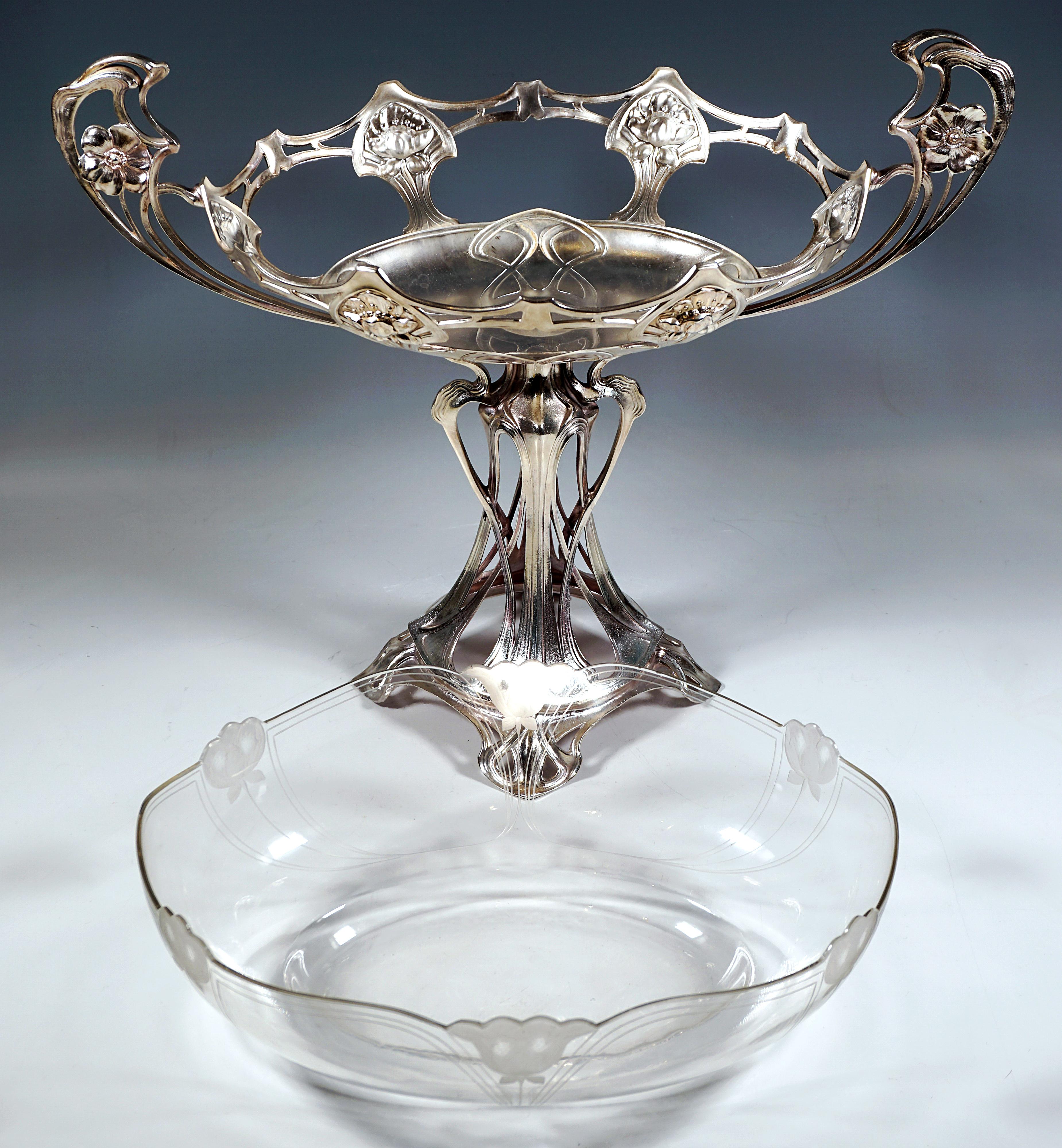 Metal Art Nouveau Oval Fruit Stand With Original Cut Glass Bowl, WMF Germany, Ca. 1910