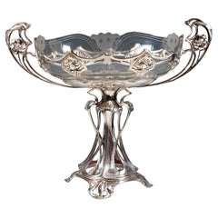 Art Nouveau Oval Fruit Stand With Original Cut Glass Bowl, WMF Germany, Ca. 1910