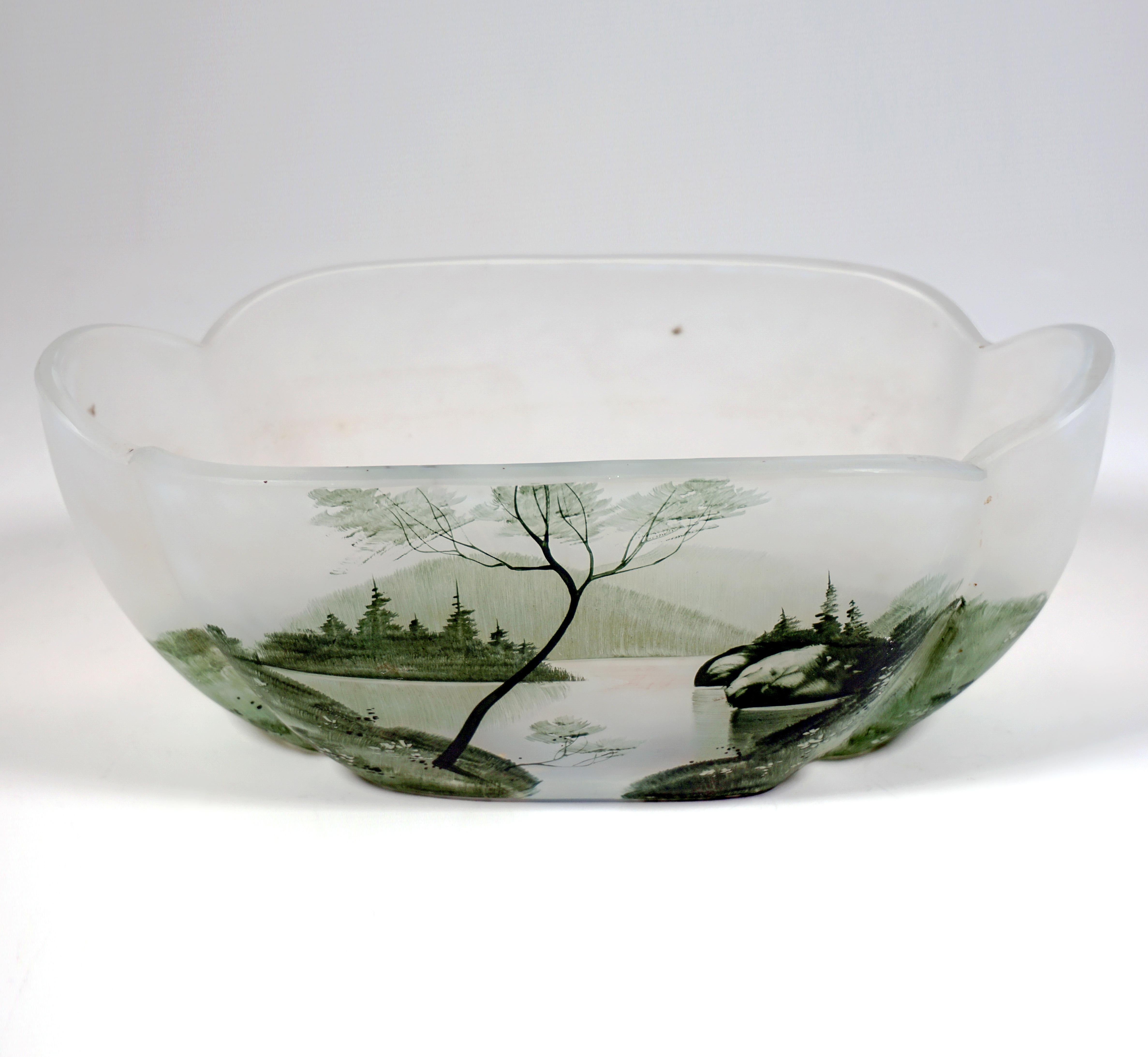 Francese Ciotola ovale in vetro Art Nouveau con paesaggio dipinto, Daum Nancy, Francia, 1900 ca. in vendita