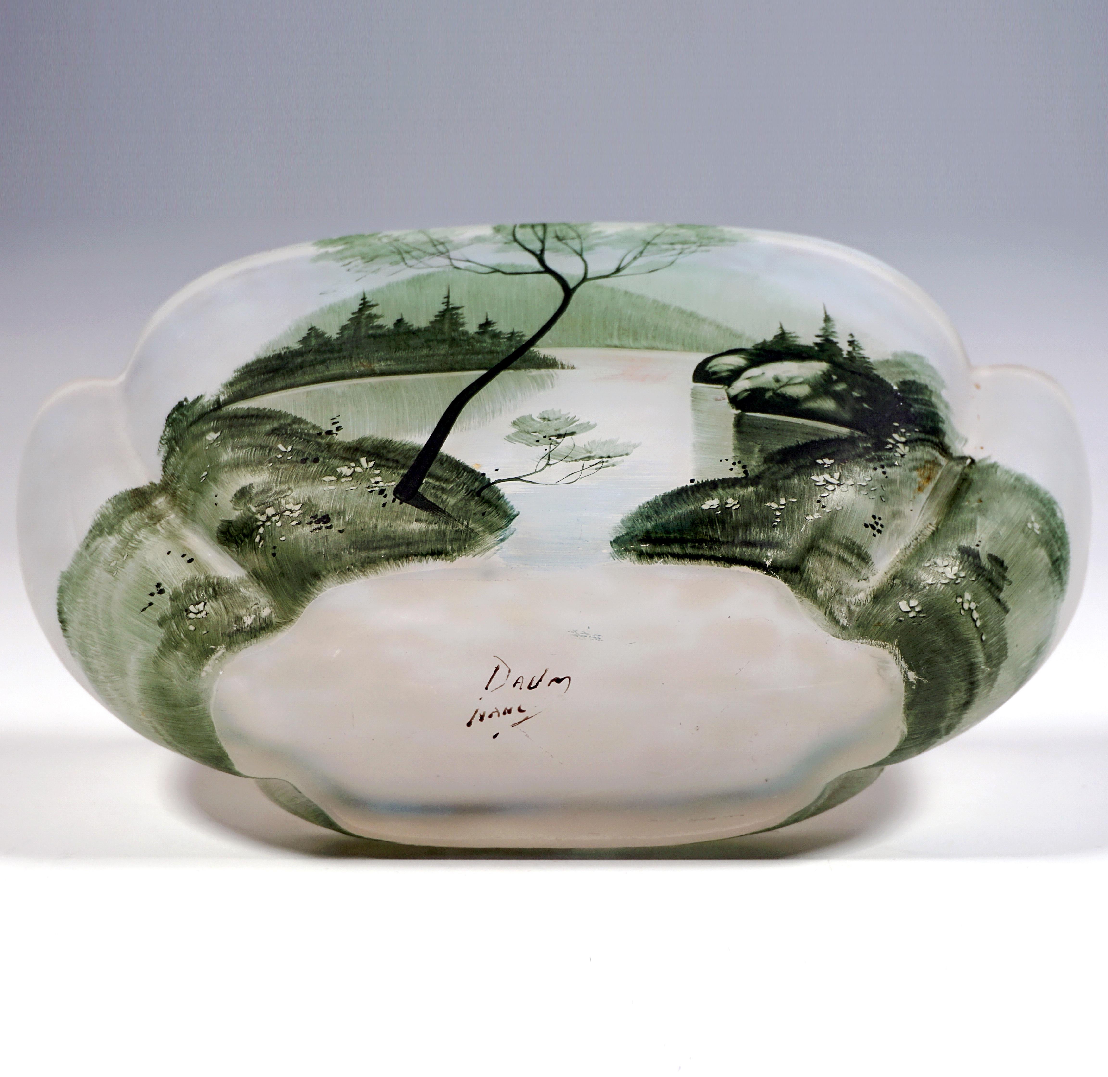 Inizio XX secolo Ciotola ovale in vetro Art Nouveau con paesaggio dipinto, Daum Nancy, Francia, 1900 ca. in vendita