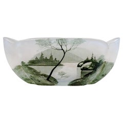 Art Nouveau Oval Glass Bowl With Painted Seescape, Daum Nancy, France, ca 1900
