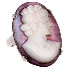 Antique Art Nouveau Oval Iridescent Purple Shell & Sterling Silver Cameo Ring