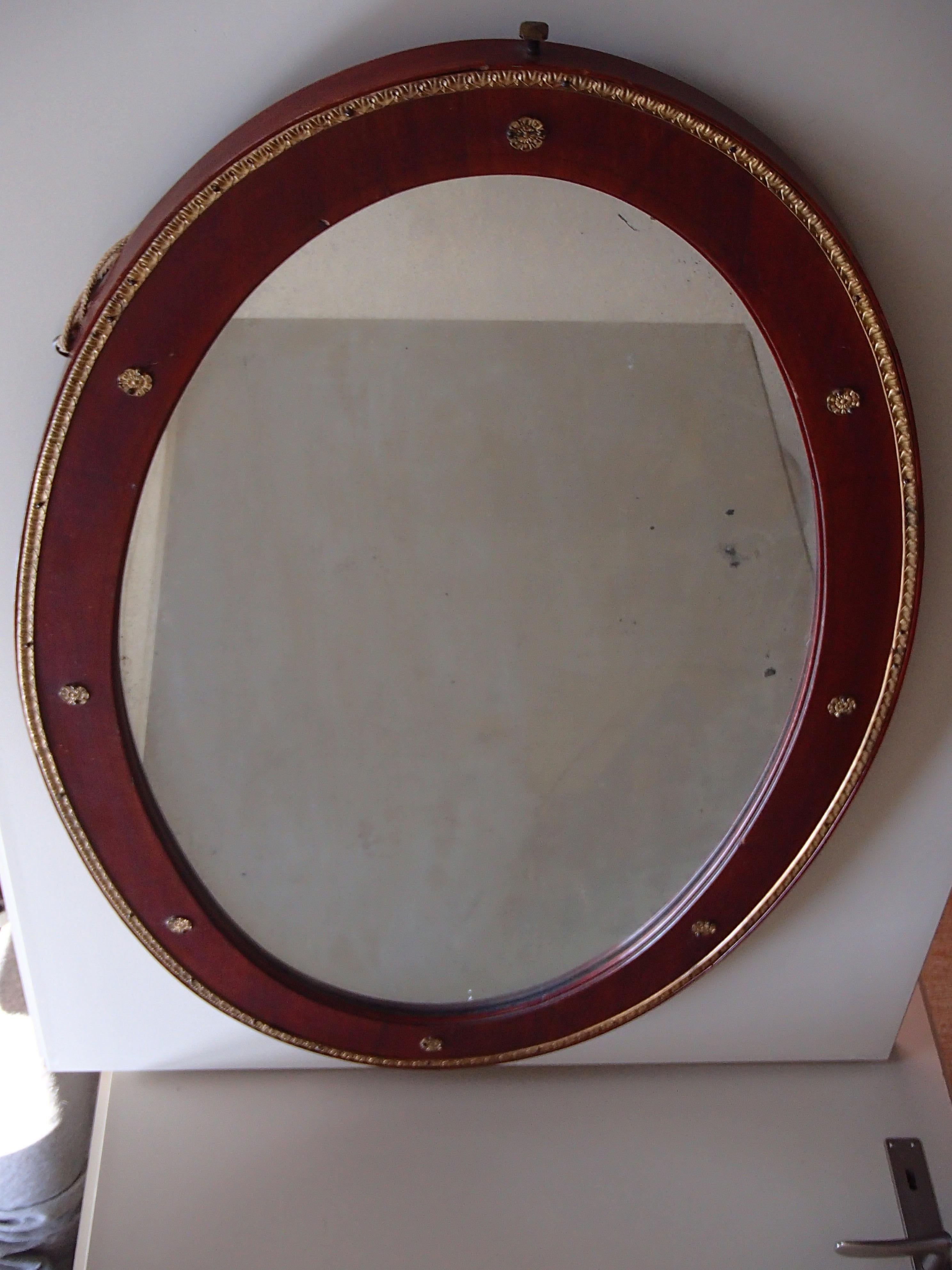 Early 20th Century Art Nouveau Oval Mirror Wood and Brass Decorations