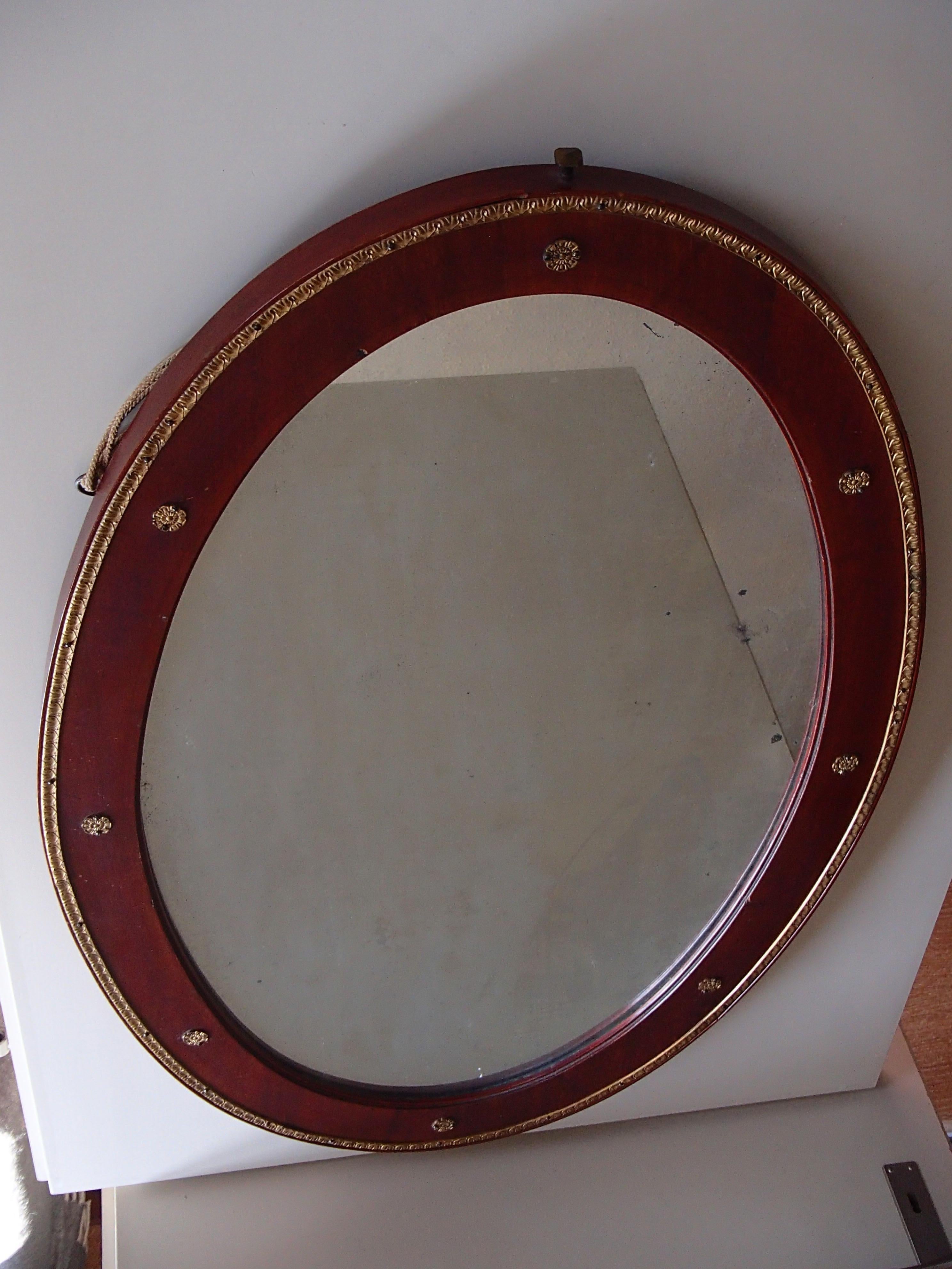 Art Nouveau Oval Mirror Wood and Brass Decorations 1