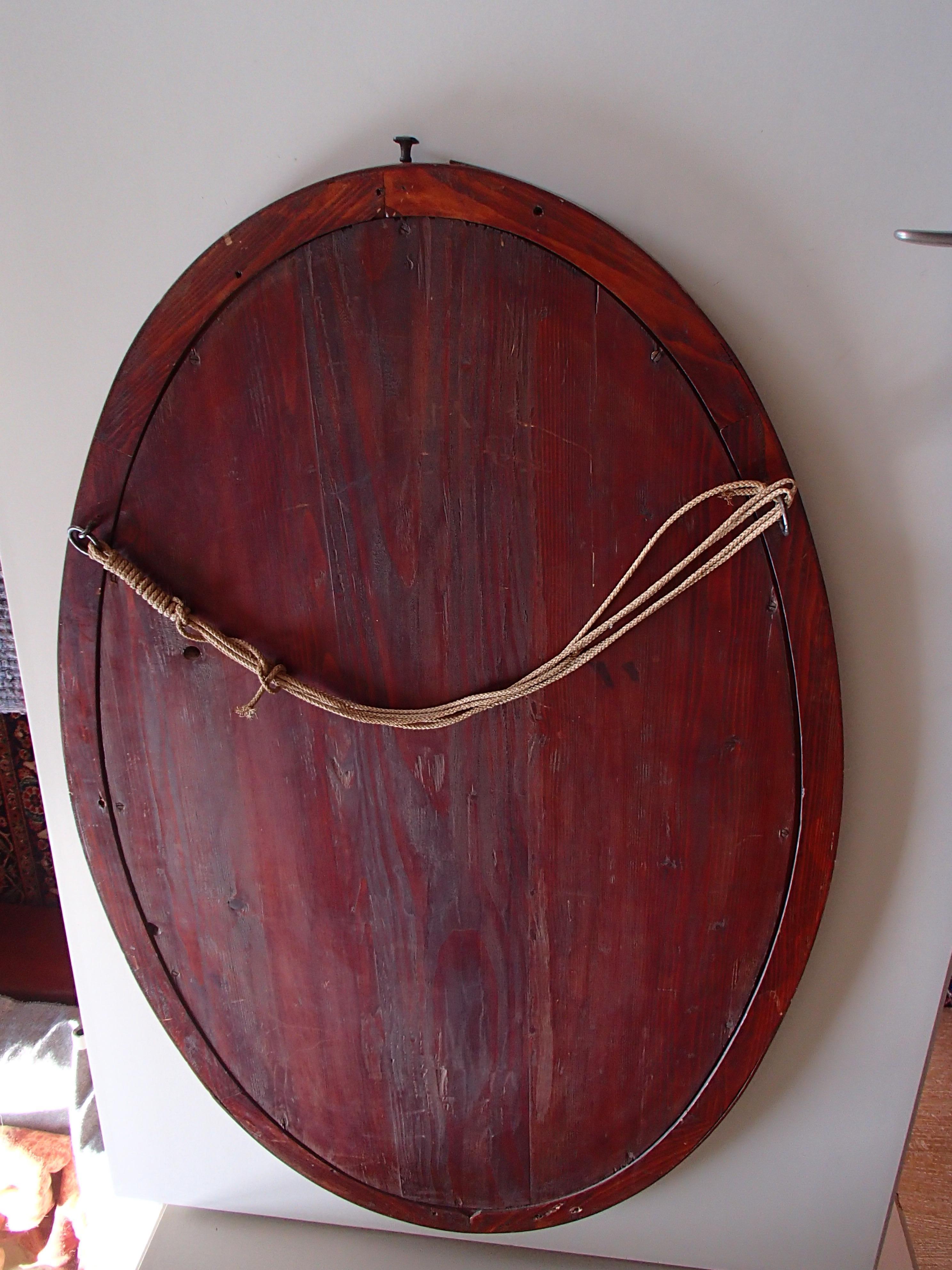 Art Nouveau Oval Mirror Wood and Brass Decorations 2