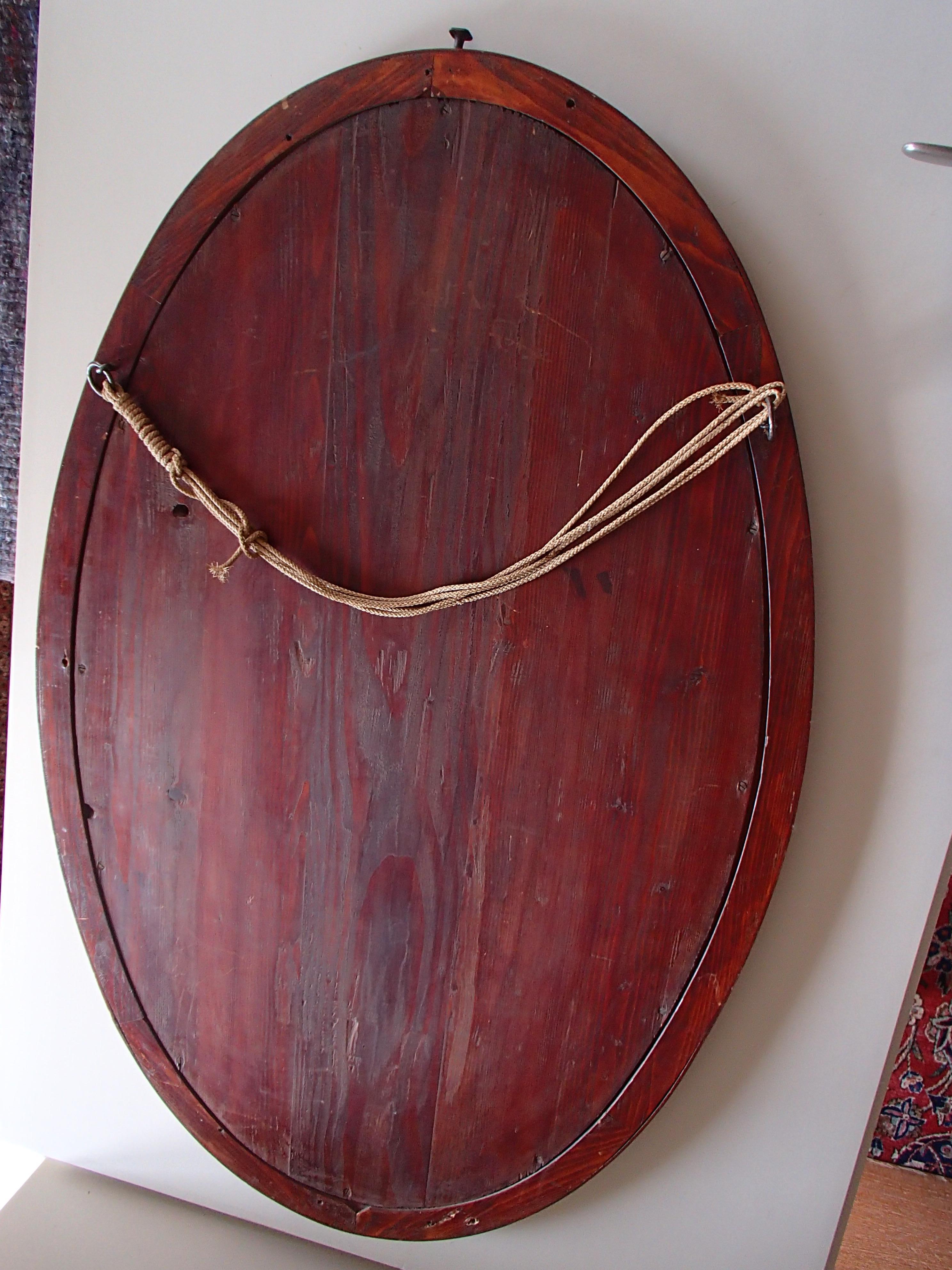 Art Nouveau Oval Mirror Wood and Brass Decorations 3