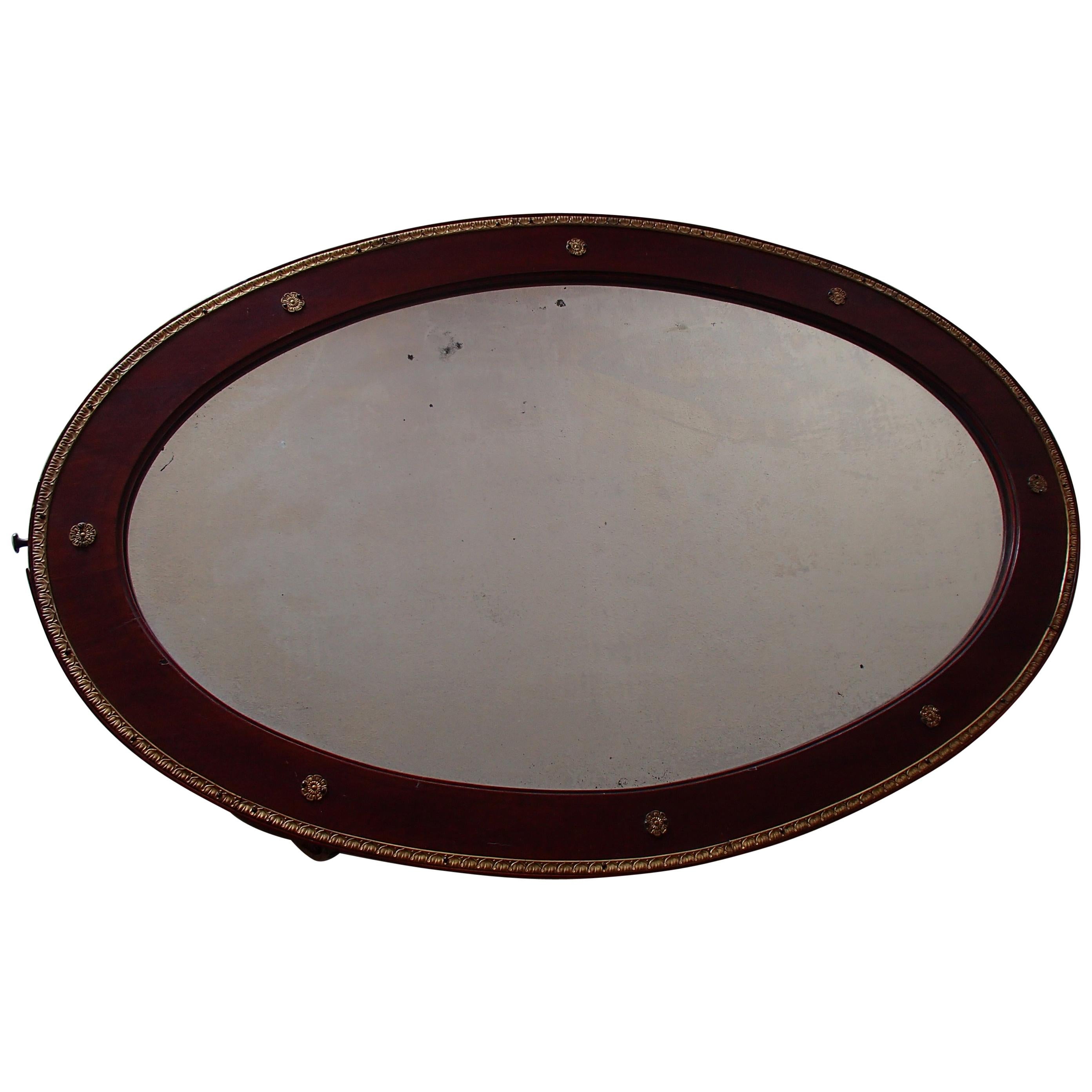 Art Nouveau Oval Mirror Wood and Brass Decorations