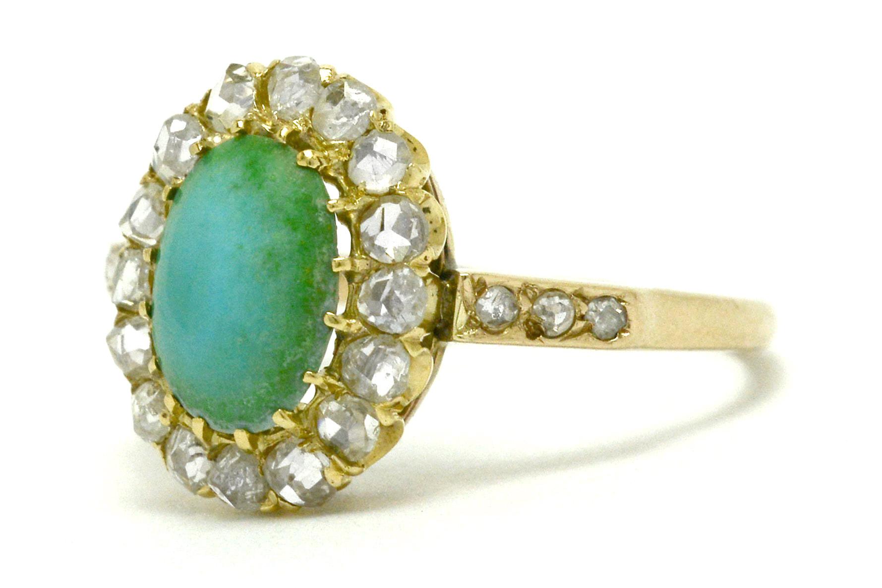 Oval Cut Art Nouveau Oval Persian Turquoise Diamond Halo 18 Karat Yellow Gold Ring