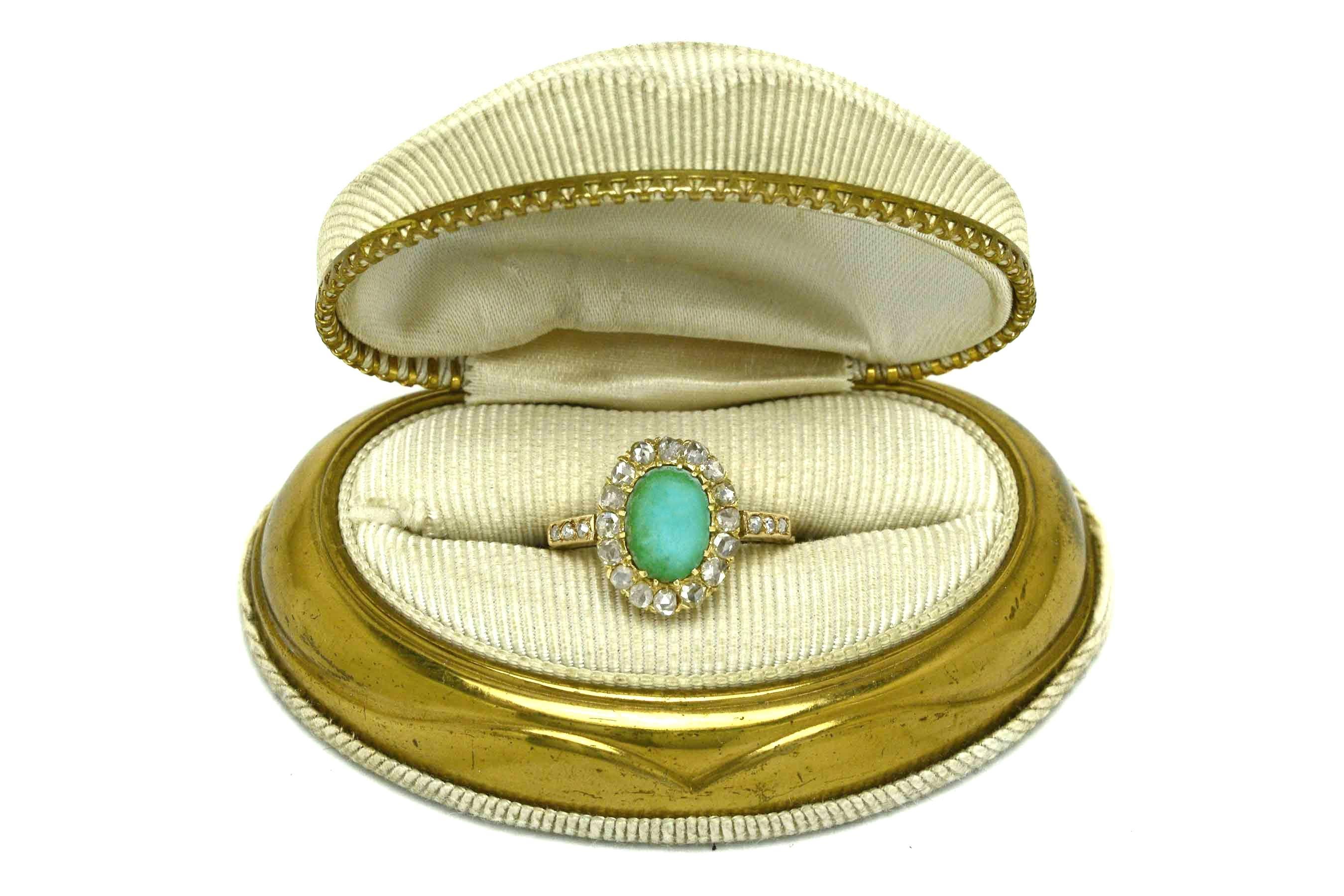 Women's Art Nouveau Oval Persian Turquoise Diamond Halo 18 Karat Yellow Gold Ring
