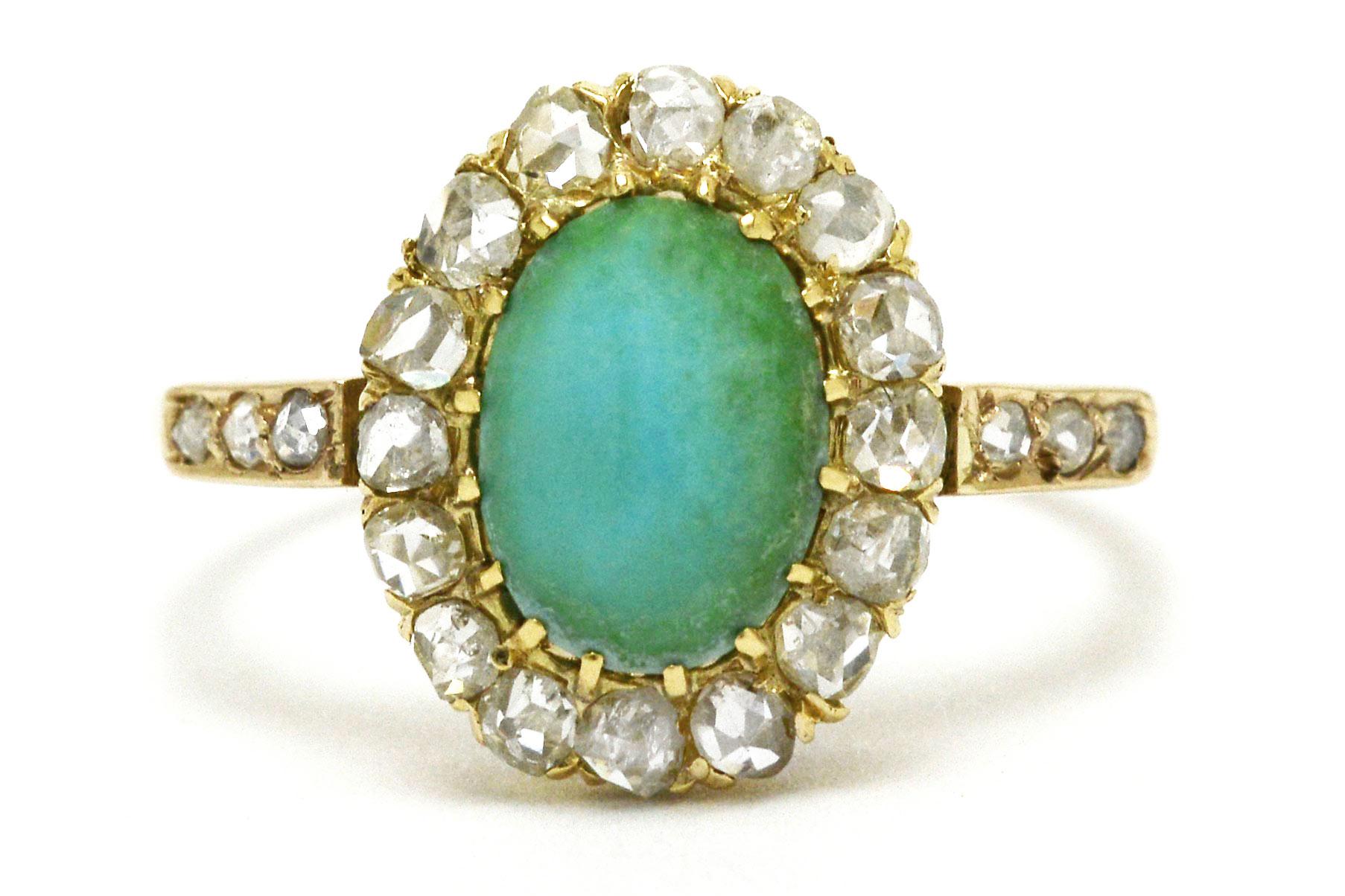 Art Nouveau Oval Persian Turquoise Diamond Halo 18 Karat Yellow Gold Ring 1