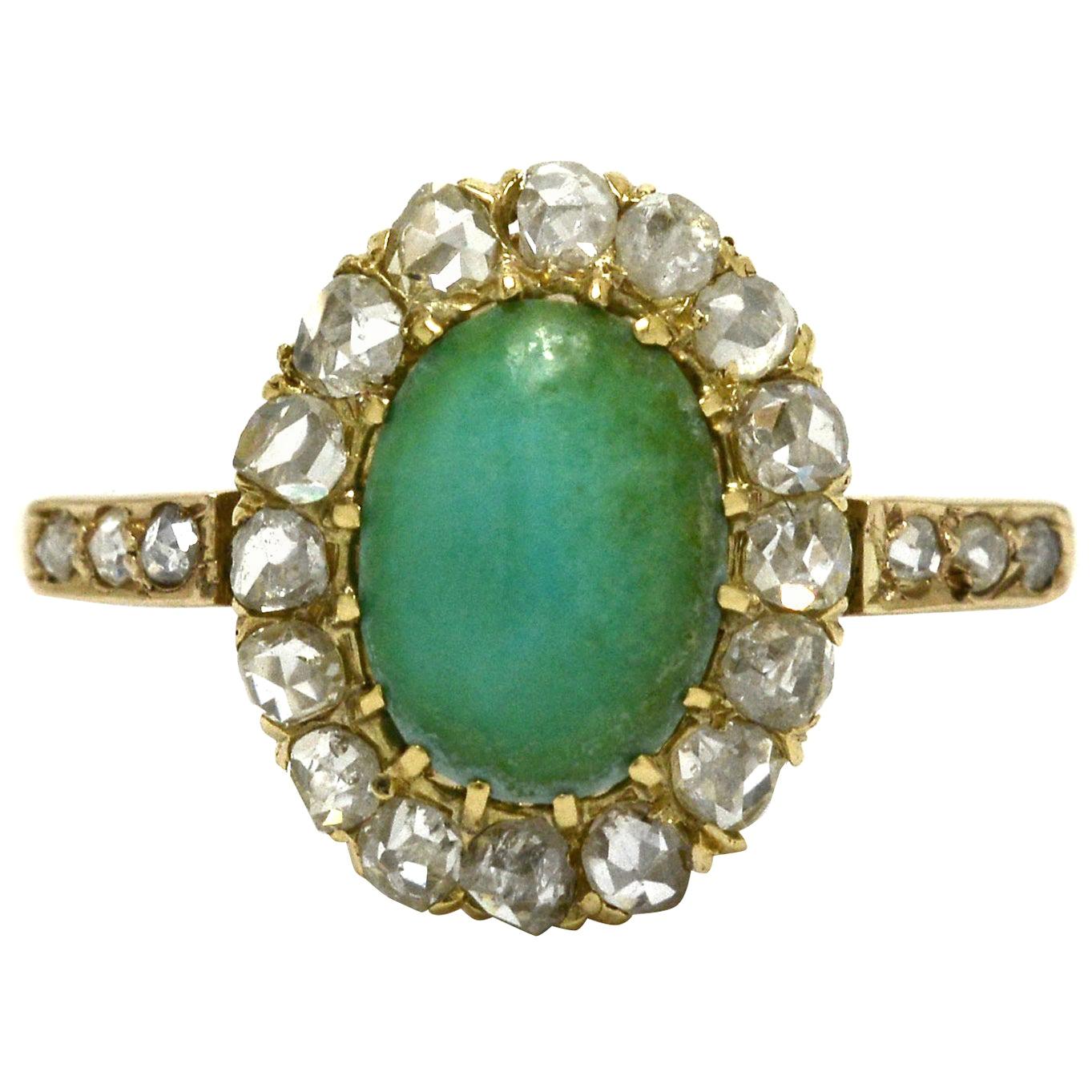 Art Nouveau Oval Persian Turquoise Diamond Halo 18 Karat Yellow Gold Ring