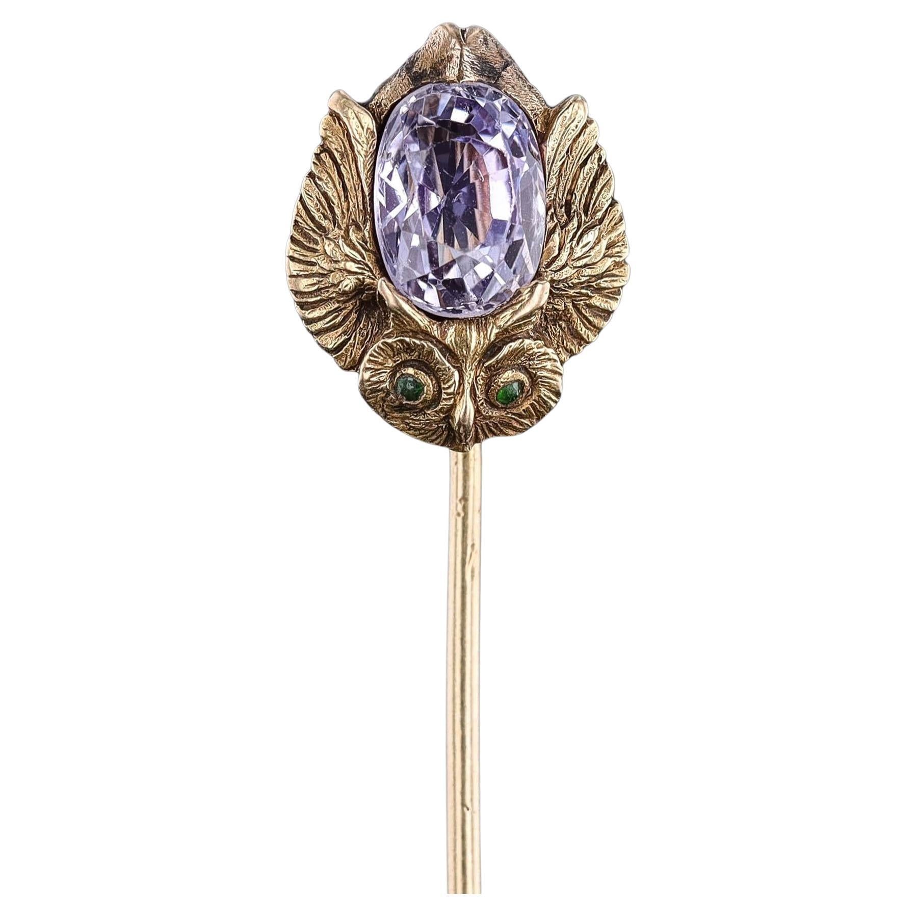 Art Nouveau Eule Anstecknadel aus 14k Gold