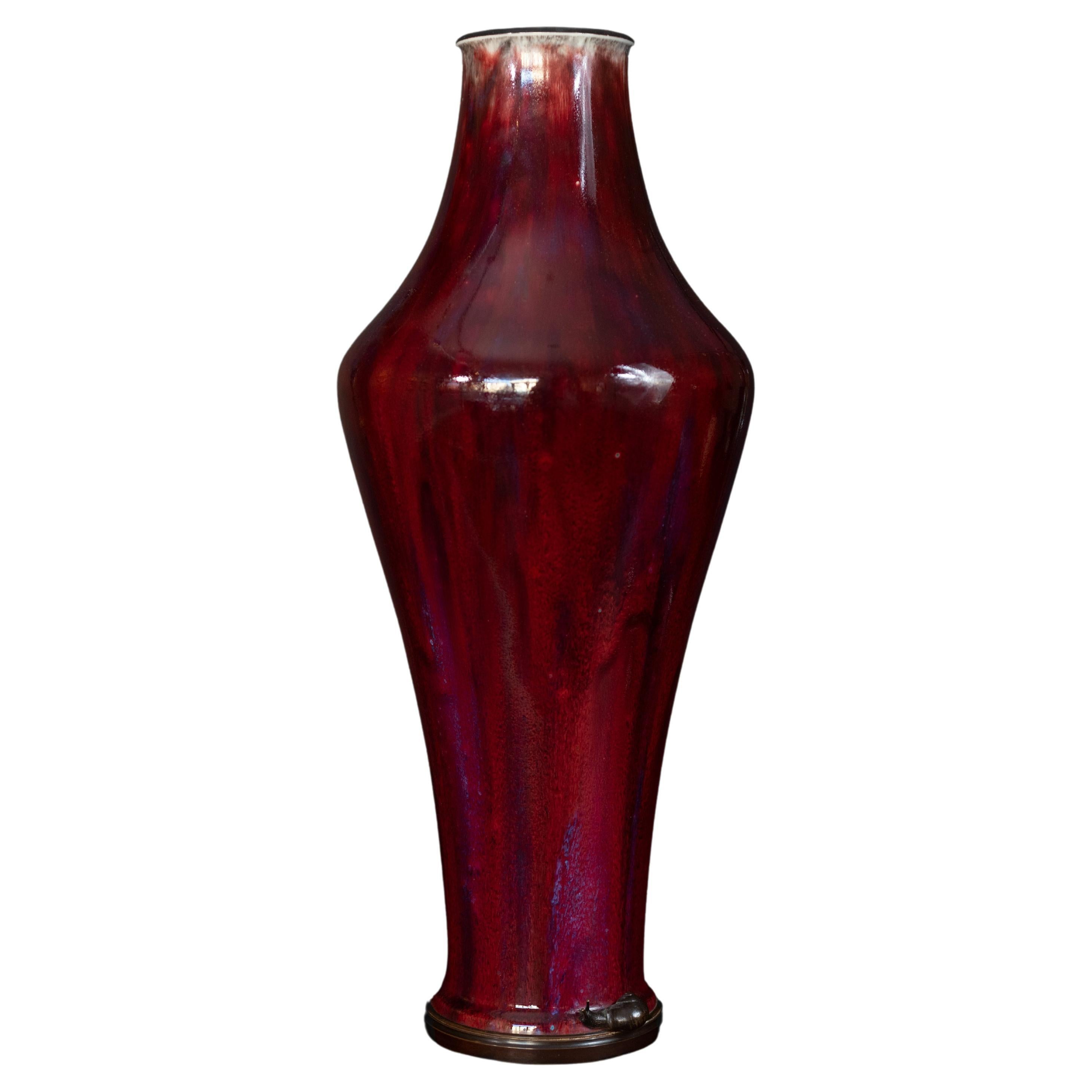 Art Nouveau Oxblood Vase with Bronze Snail Mount by Manufacture Nationale Sevres For Sale