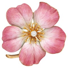 Art Nouveau Painted Enamel Diamond 14K Gold Antique Flower Pendant Brooch
