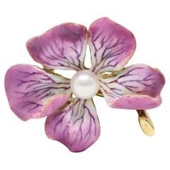 Art Nouveau Painted Enamel Pearl 14 Karat Yellow Gold Antique Flower Brooch