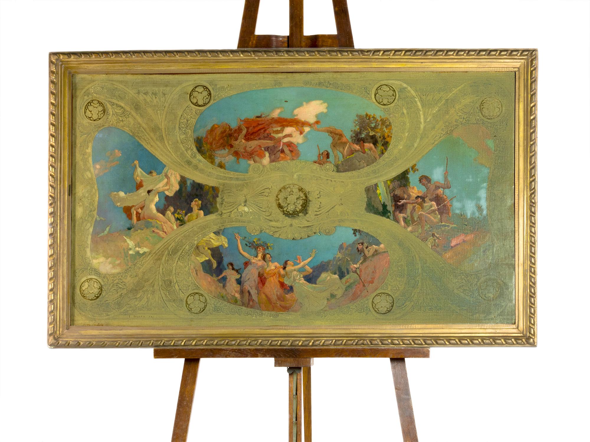 The oil painting fresco ceiling study was created for French churches by Edouard Bauhain, the architect responsible for the Art Nouveau and Art Deco transition and the designer of numerous French palaces and churches throughout the country. The