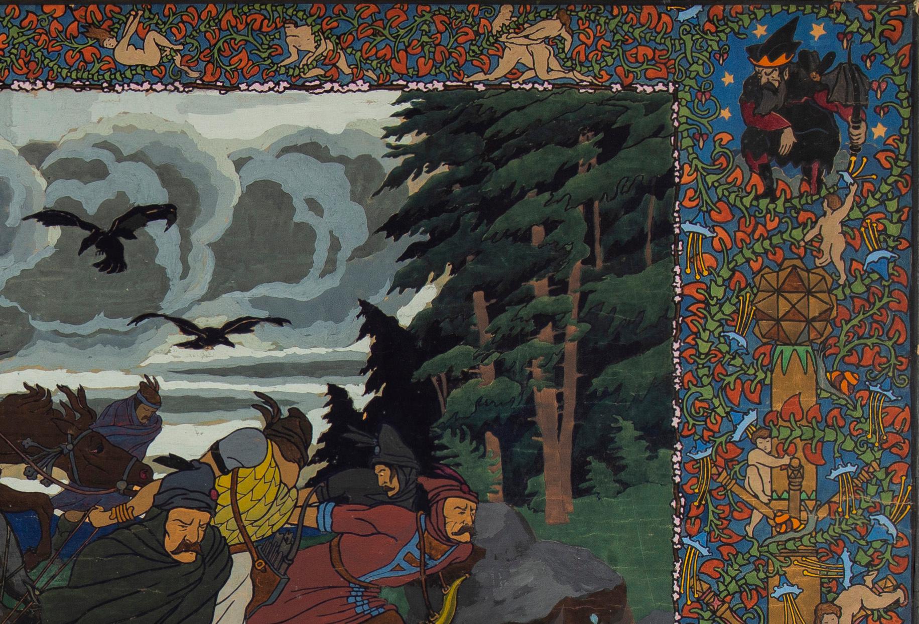 Oiled Art Nouveau Painting, Hunting Scene by Kazimir de Rónay, 1923 For Sale