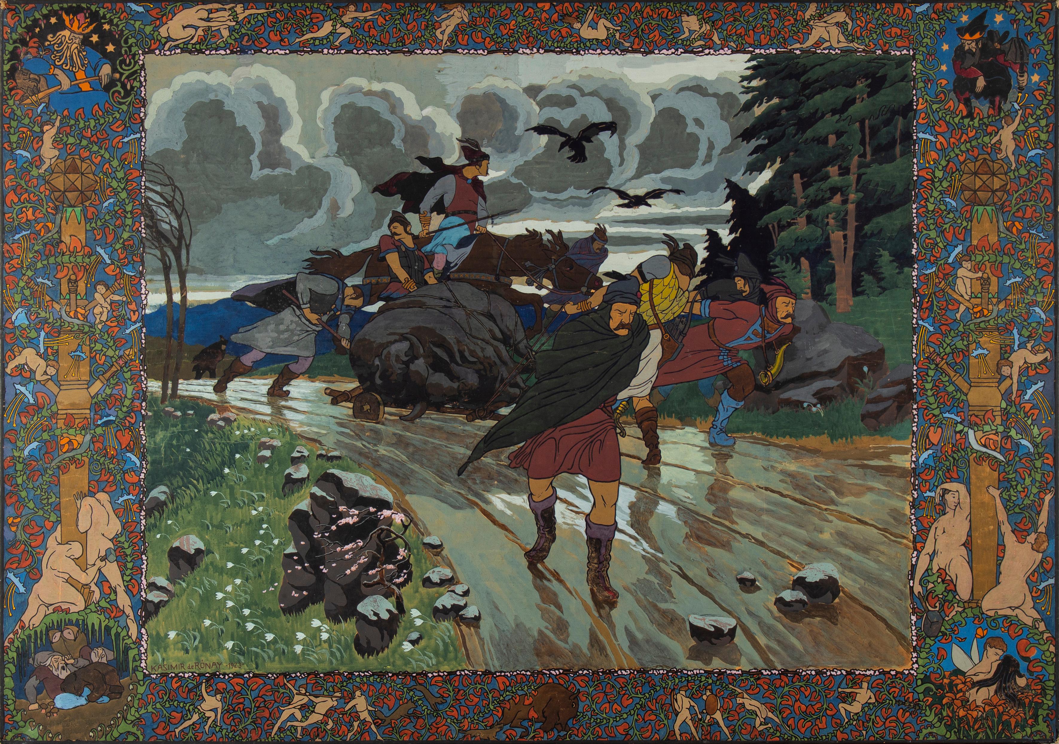 Art Nouveau Painting, Hunting Scene by Kazimir de Rónay, 1923 For Sale